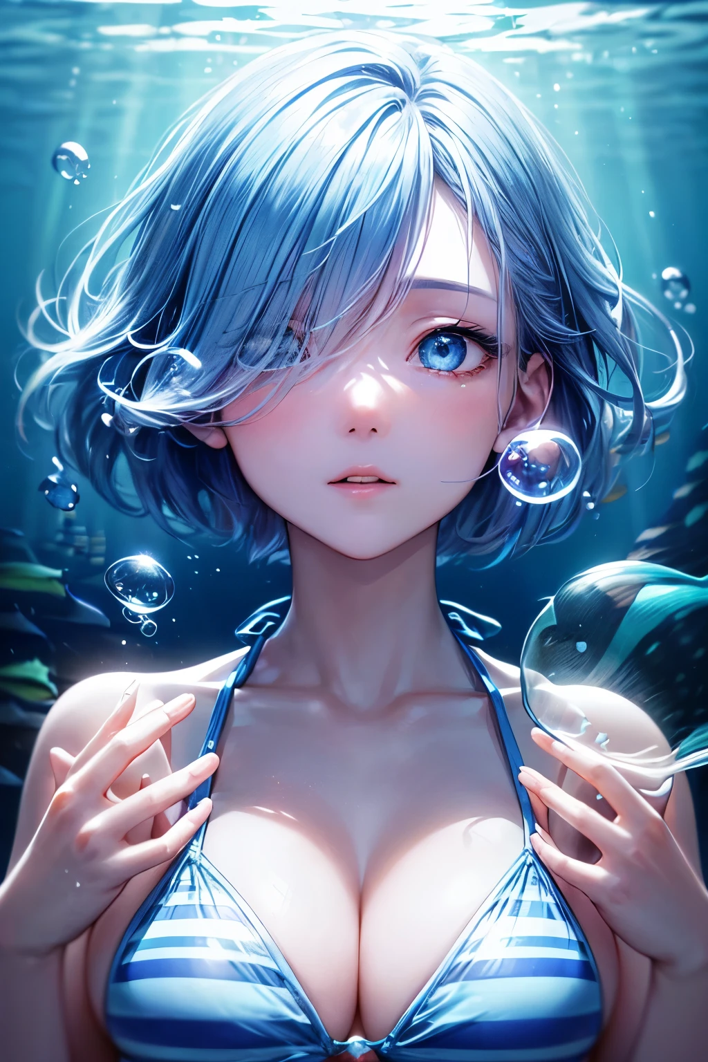 ((worst quality, low quality)), ((a photo of girl)), solo, (Close-up:1.3), (face focus:1.4), big breasts, clear eyes and plump, plump lips, beautiful light blue eyes):1.2), spoken word heart, hands offering prayers, (perfect hands:1.3), (light blue hair,short bob:1.5), (((hair above one eye))), (((One eye is hidden by hair))),
(((fish, bioluminescence照明, blue light:1.5 ,blue lighting:1.5, blue tint:1.5))), (fish, bioluminescence環境:1.5), Fluorescence environment, (((bioluminescence:1.5))), (((glowing particles in water:1.5, particles of light:1.5,))), 青いfish,
(blue and white striped bikini), (((big bubbles floating around her))), open your hands on both sides, look at the bubbles, The bubbles are, in bright blue, releases a cloud of bubbles, The bubbles are水に浮かんでいます, dynamic pose, detailed, 、masterpiece,