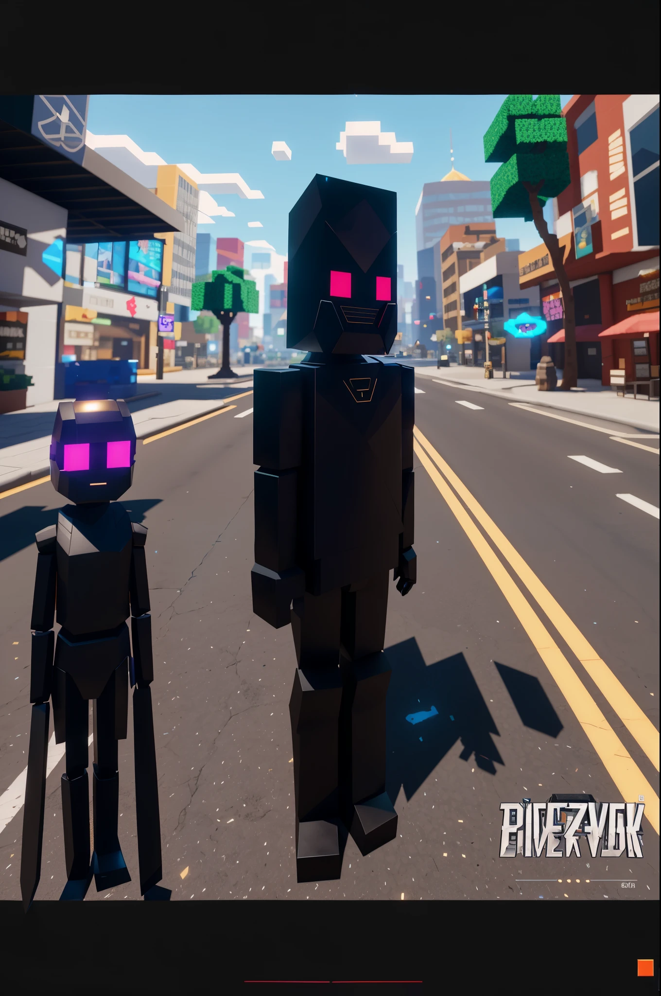 roblox screenshot, in game style 8k, standing in a city center, vrchat, obsidian skin, blocktober, epic art style, animation style render, pitchblack skin, toon shader, robot monster in background, creepy black figure standing, gigachad in minecraft realistis