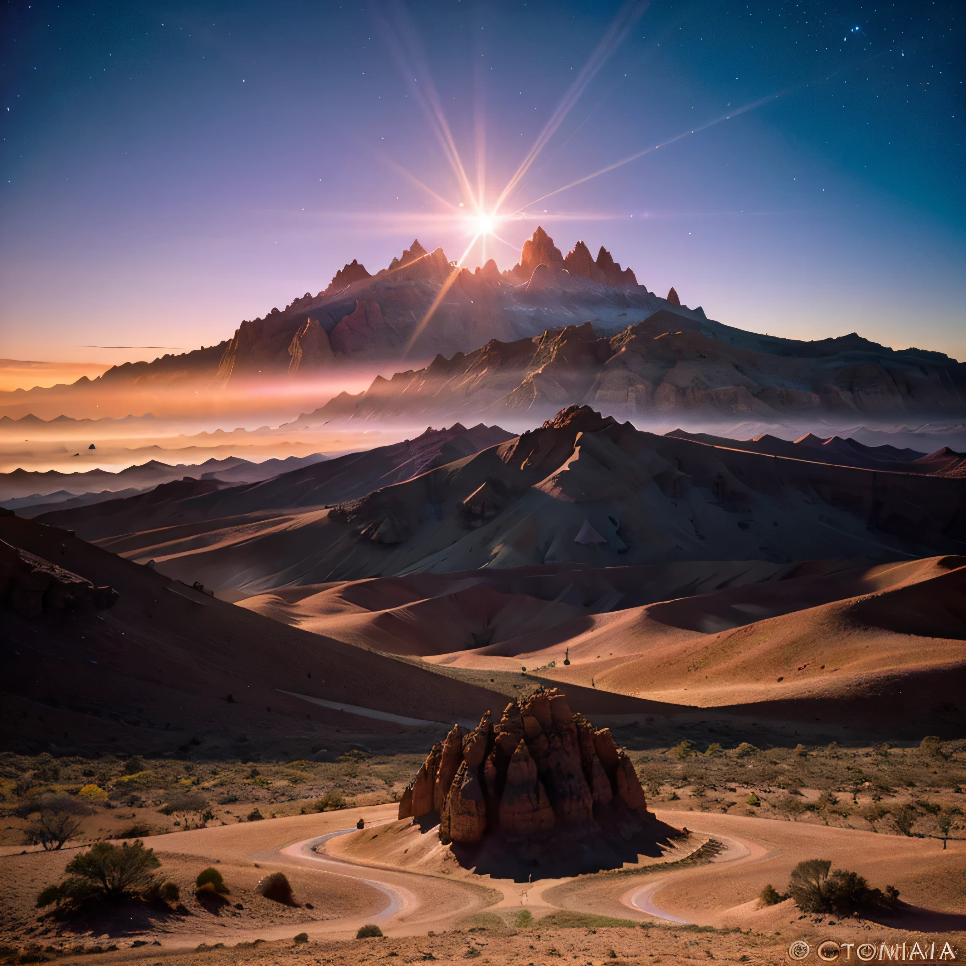 An alien landscape with purple crystal mountains and red sand valleys, habitado por criaturas aladas con ojos bioluminiscentes. El sol, una estrella azul gigante, ilumina el cielo con un tono anaranjado. Photography, lente gran angular de 35 mm.
