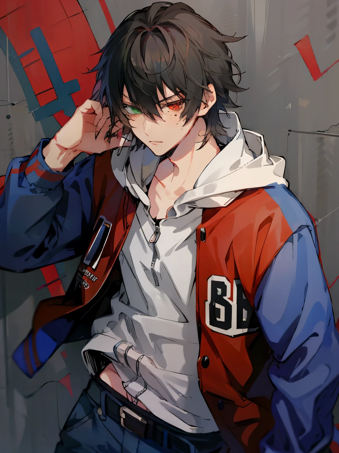 yamada ichiro\(hypnosis mic\), BB, 01, 1 boy, alone, Upper body, buster bros, male focus, 19 years old, red eyes, bangs, black hair, hair between eyes, heterochromia, green eyes, mole under eye, red jacket, multicolored jacket, blue jacket, shirt, long sleeve, open clothes, open jacket, ring, Hood down, zipper, white hoodie, hooded jacket, Black belt, Belt buckle, Blue pants,