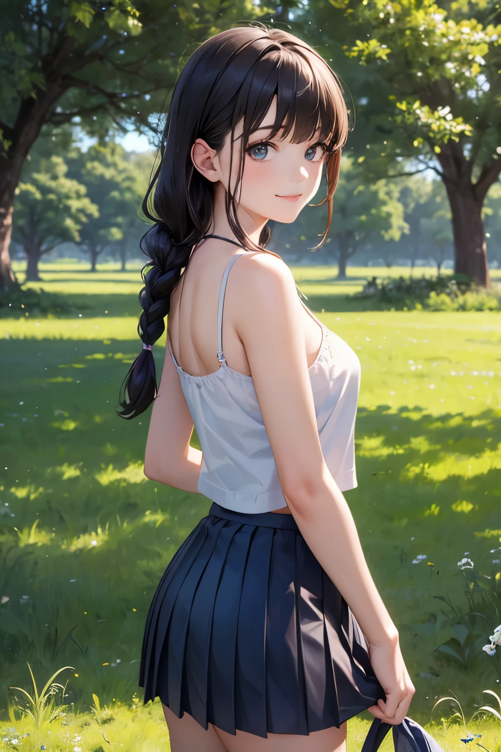 very cute and beautiful girl,(highly detailed beautiful face),
white camisole,standing under big tree,cowboy shot BREAK
 (smile),happy,looking at viewer,(pleated blue mini skirt:1.2),skirt lift,(white panties),
countryside,grassland,hilltop,wooden fence,detailed landscape,black hair,twin braid,
(best quality,masterpiece:1.2),absurdres,highres,ultra-detailed,extremely detailed,32k,8k resolution,
intricate details,cinematic scene,detailed background,solo,dynamic angle,
(realistic),perfect hands,