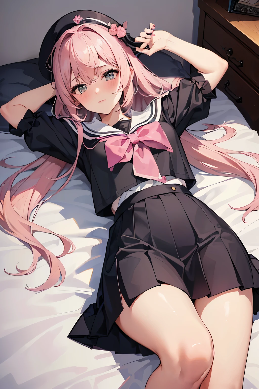 1girl, (masterpiece, best quality, high resolution, 4k), beauty, Gigantic , perfekte rundungen, schmal, big bust, sportlich, (((looks lustful, unglaublich rot im gesicht, hat den mund offen, hat speichel am mund, blushes strongly))), ((wearing a school uniform,wears a mini skirt, pinke haare, lange haare)),sexy, cute, ((schaut den betarchter an, beide beine nach hinten, beine angewinkelt)), auf dem bett

