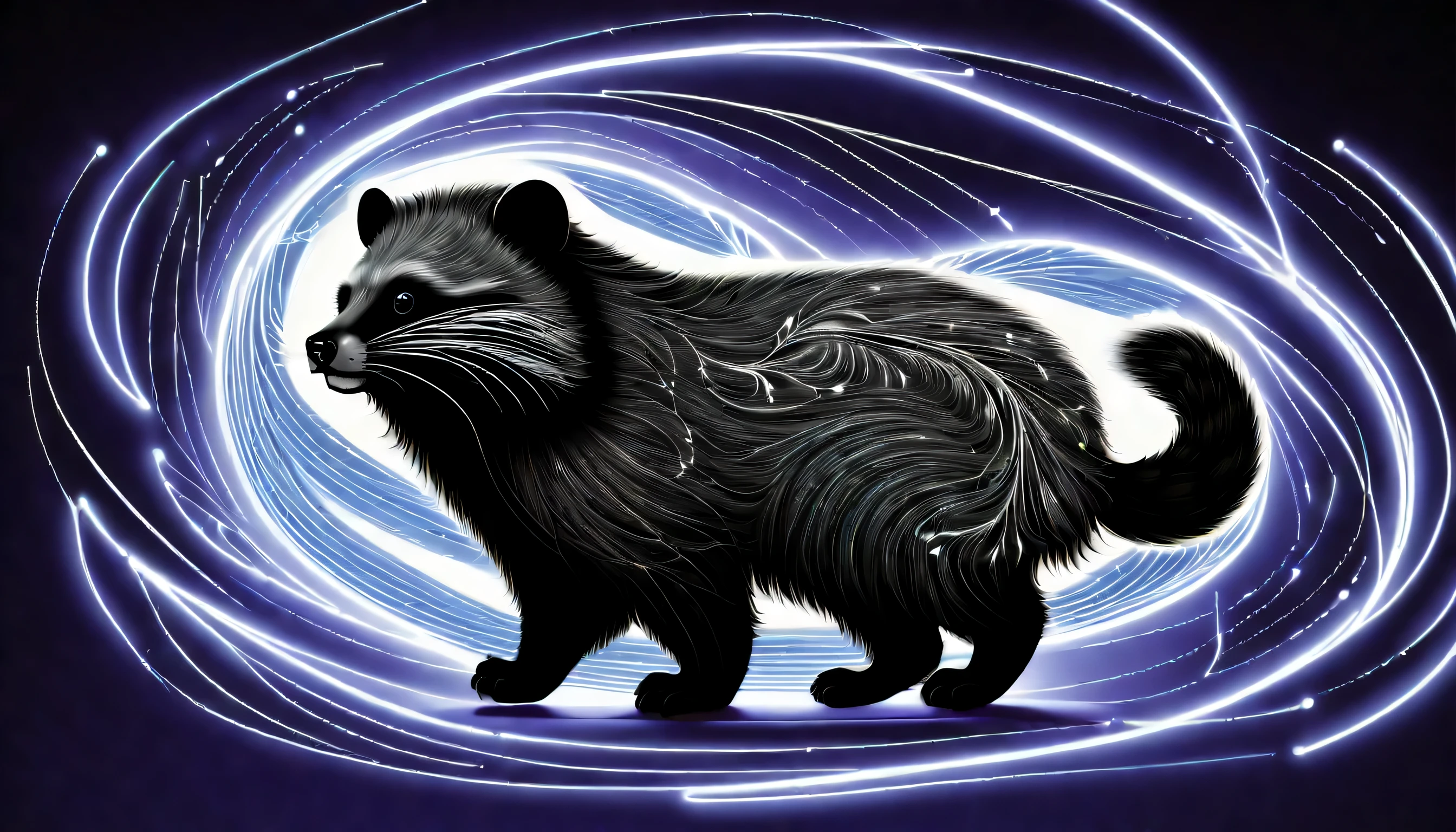Finely crafted optical chalk drawings emerge from depth lighting, A majestic creature that looks like a fusion of Binturong Bearcat and electricity., dark gray fur, It appears to emit a faint electric light., Delicate and precise details bring out the beauty of the swirling pattern., Extremely delicate touches add a fantastic fragility, composed by master musicians, accompaniment sheet music, Contains many melody notes, add depth to images. A high-quality masterpiece that creates an otherworldly atmosphere., Intricate detailed textures, (highest quality:1.2), highest quality, Conceptual contrast, Toon Rendering, Unorganized resolution, groove,
