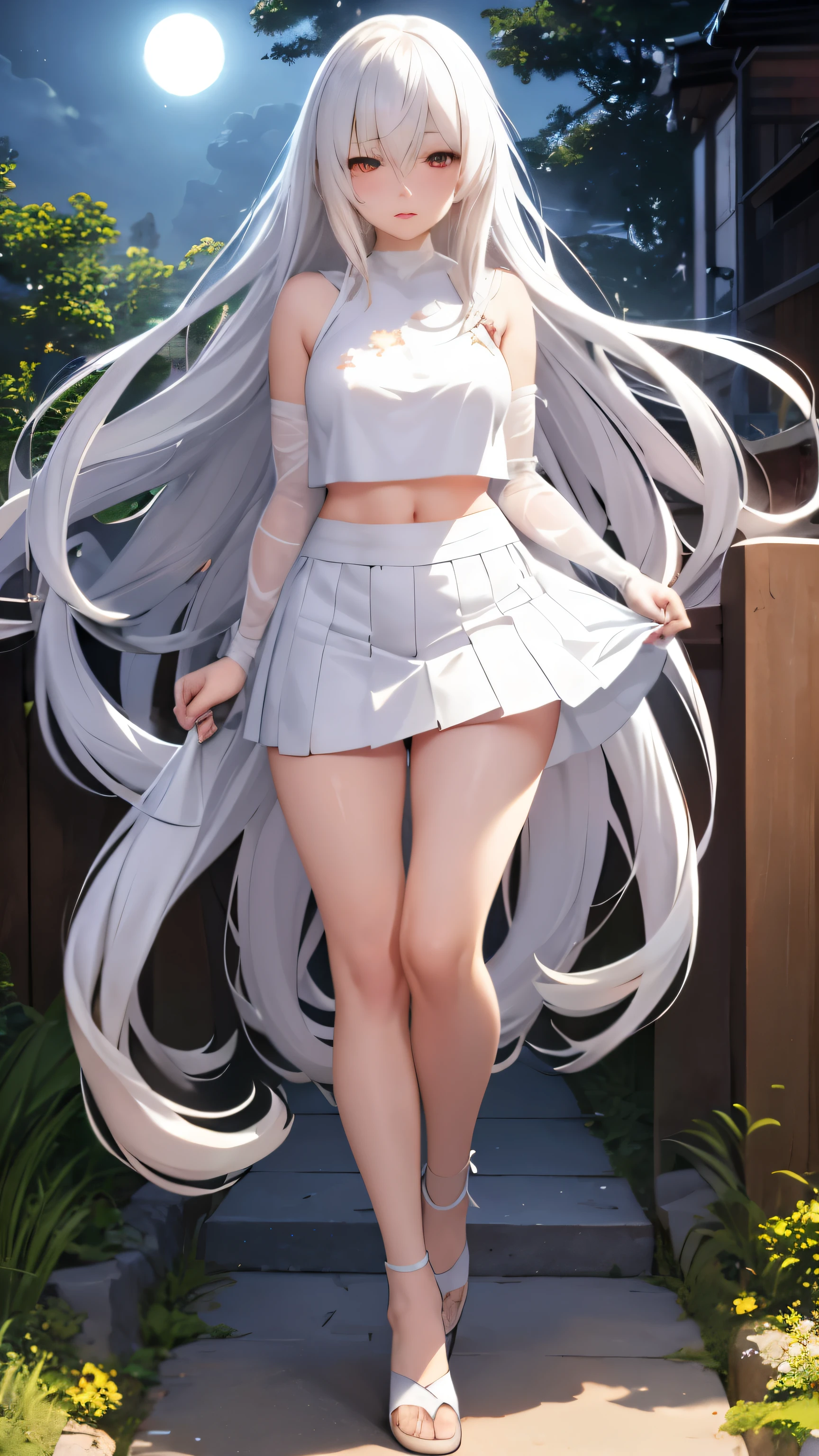 anime realistic, 1 girl, senior high, long white hair, white eyes, glowing eyes, short white crop top, short white skirt, closed lips, blush face, night, jasmine flowers, sun, sunlight, full body images