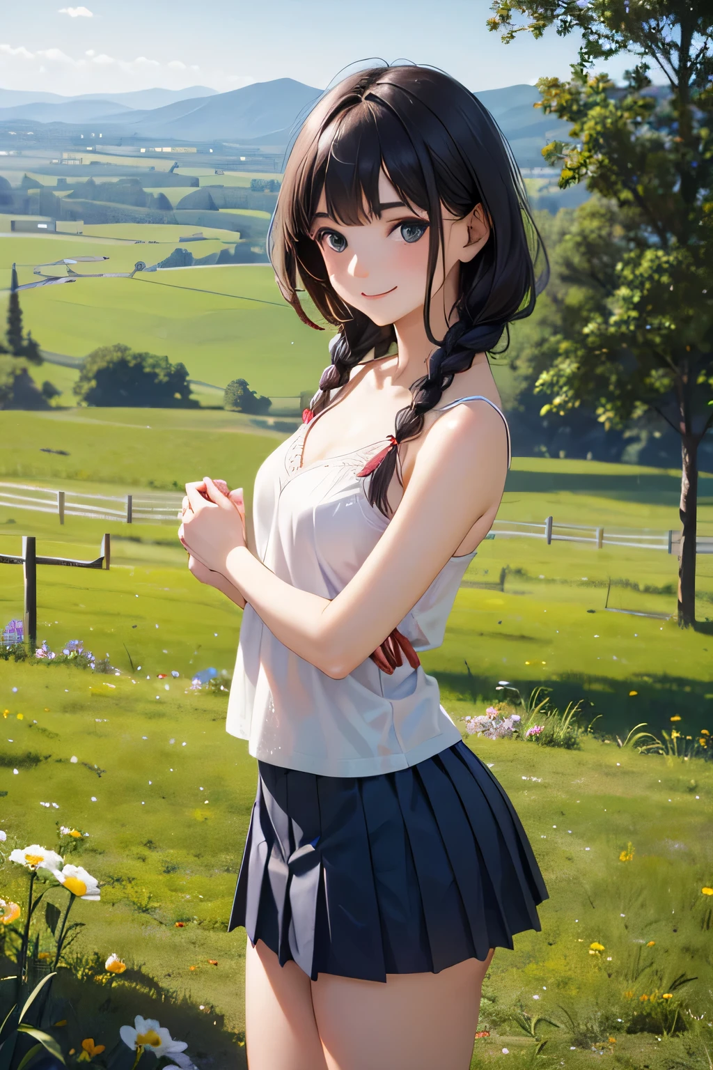 very cute and beautiful girl,(very detailed美しい顔),
white camisole,standing under a big tree,Cowboy shot BREAK
 (smile),Happy,looking at the viewer,(blue pleated mini skirt:1.2),skirt lift,(white panties),
rural area,grassland,top of the hill,wooden fence,detailed landscape,black hair,twin blade,
(highest quality,masterpiece:1.2),disorganized,High resolution,super detailed,very detailed,32K,8K resolution,
intricate details,movie-like scene,detailed background,alone,dynamic angle,
(realistic),perfect hands,