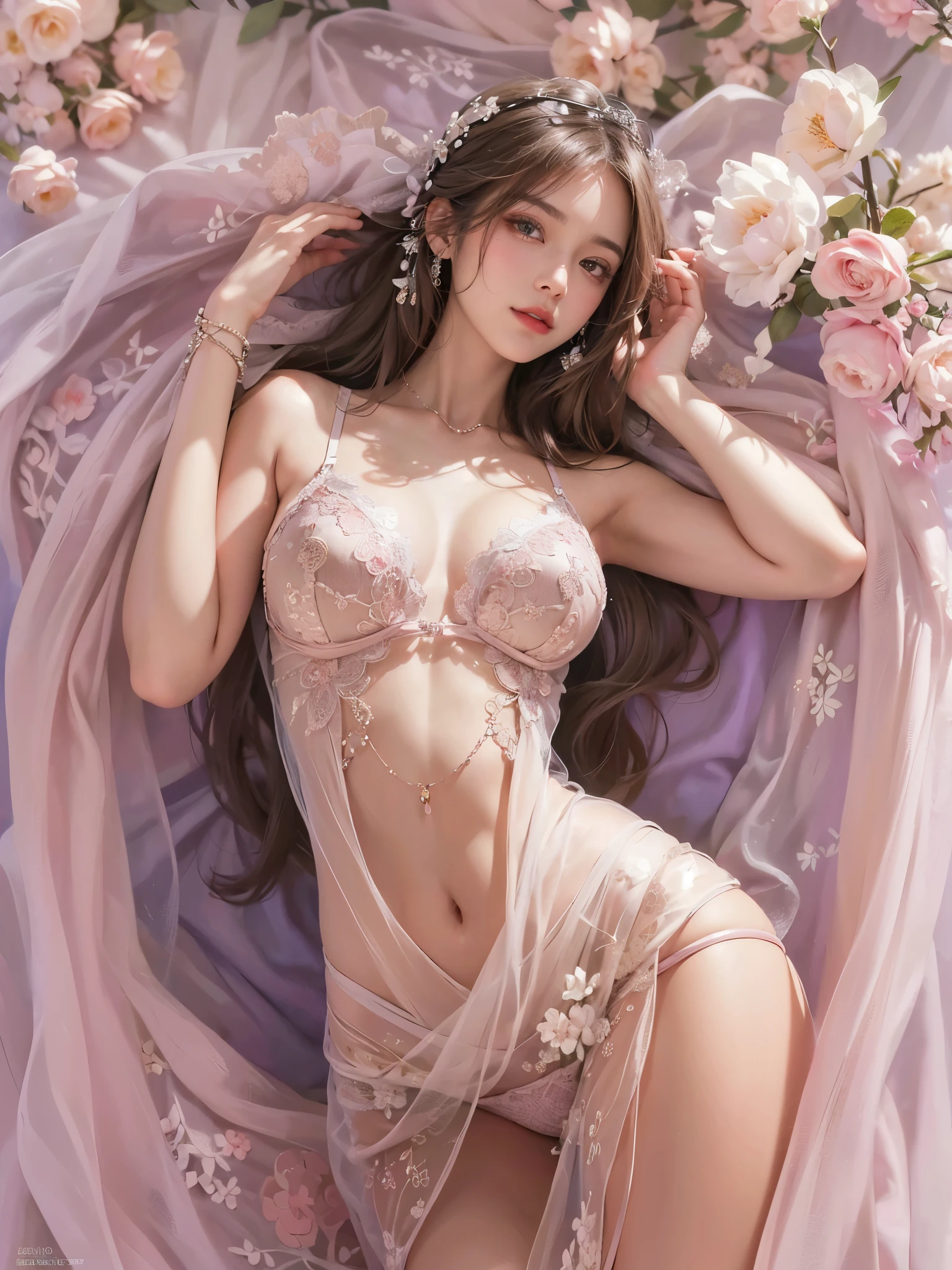 (best quality, masterpiece, ultra detailed, ultra high res, photorealistic, raw photo, absurdres, absolutely resolution:1.4),(best quality color photo of a mysterious beautiful woman in luxury lingerie on a fashion magazine cover, haute couture fashion shoot:1.2),(An extremely delicate and beautiful work, pink tone:1.2), elegant pose, glamorous fashion pose, (the divine light) simple background, art nouveau, focus on art nouveau suit, luxury fashion,(she is the embodiment of beauty and allure, asian beauty, asian actress), (very delicate lace lingerie, sexy lingerie, elegant and sophisticated fashion, her flowing hair cascades gracefully, perfectly complemented by tasteful and elegant makeup:1.2), black hair, detailed face, looking at viewer, detailed eyes, black eyes, lustrous lips ,cleavage, (large breasts, nipple ,camel toe:1.1), skinny physique, beautiful figure, Perfect female body, (large breasts), Gentle and enigmatic expression, High color saturation, surrealism ,
