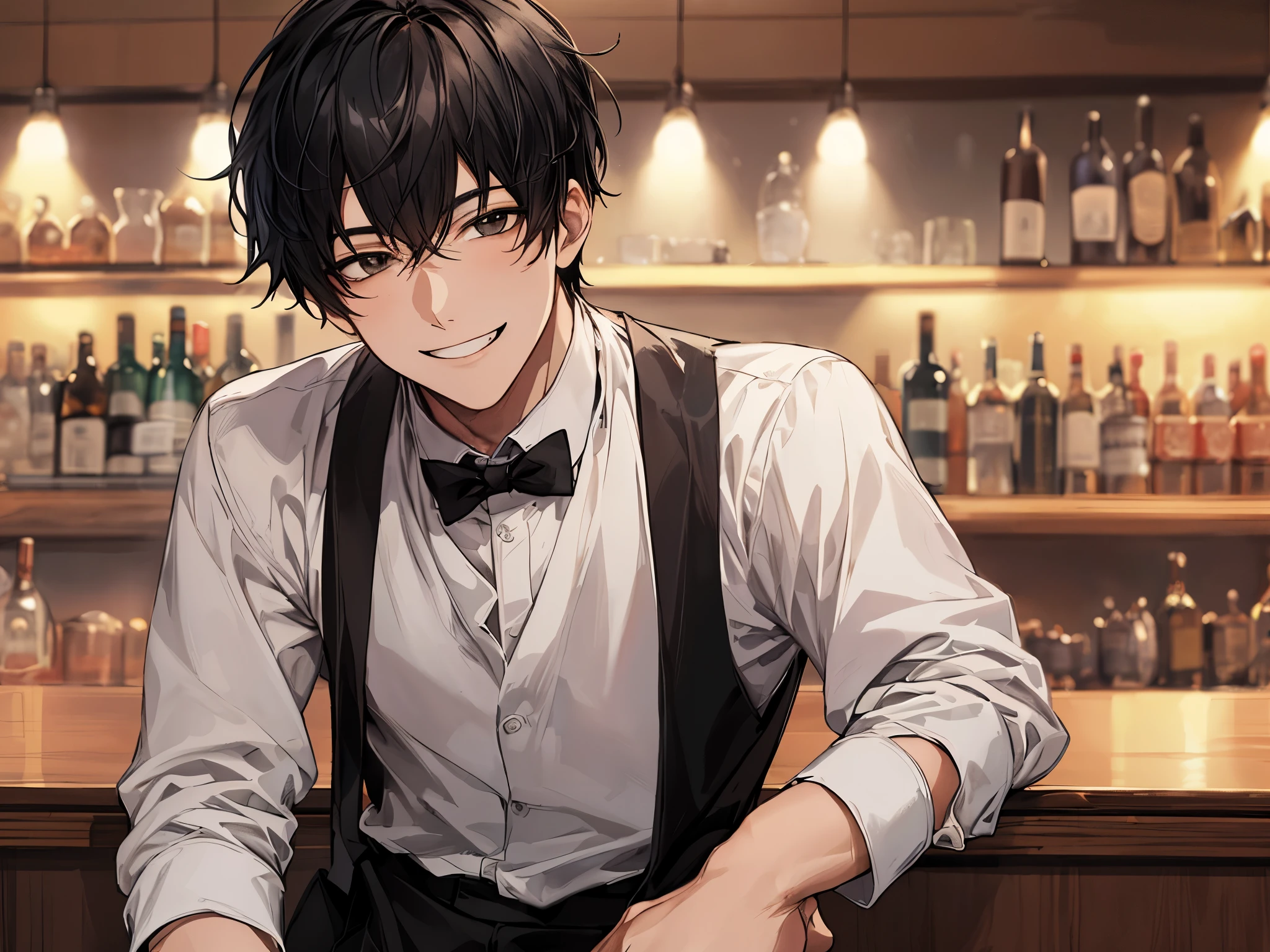master piece, best quality,portrait,1 male, black hair, alone, Bar waitress,smile