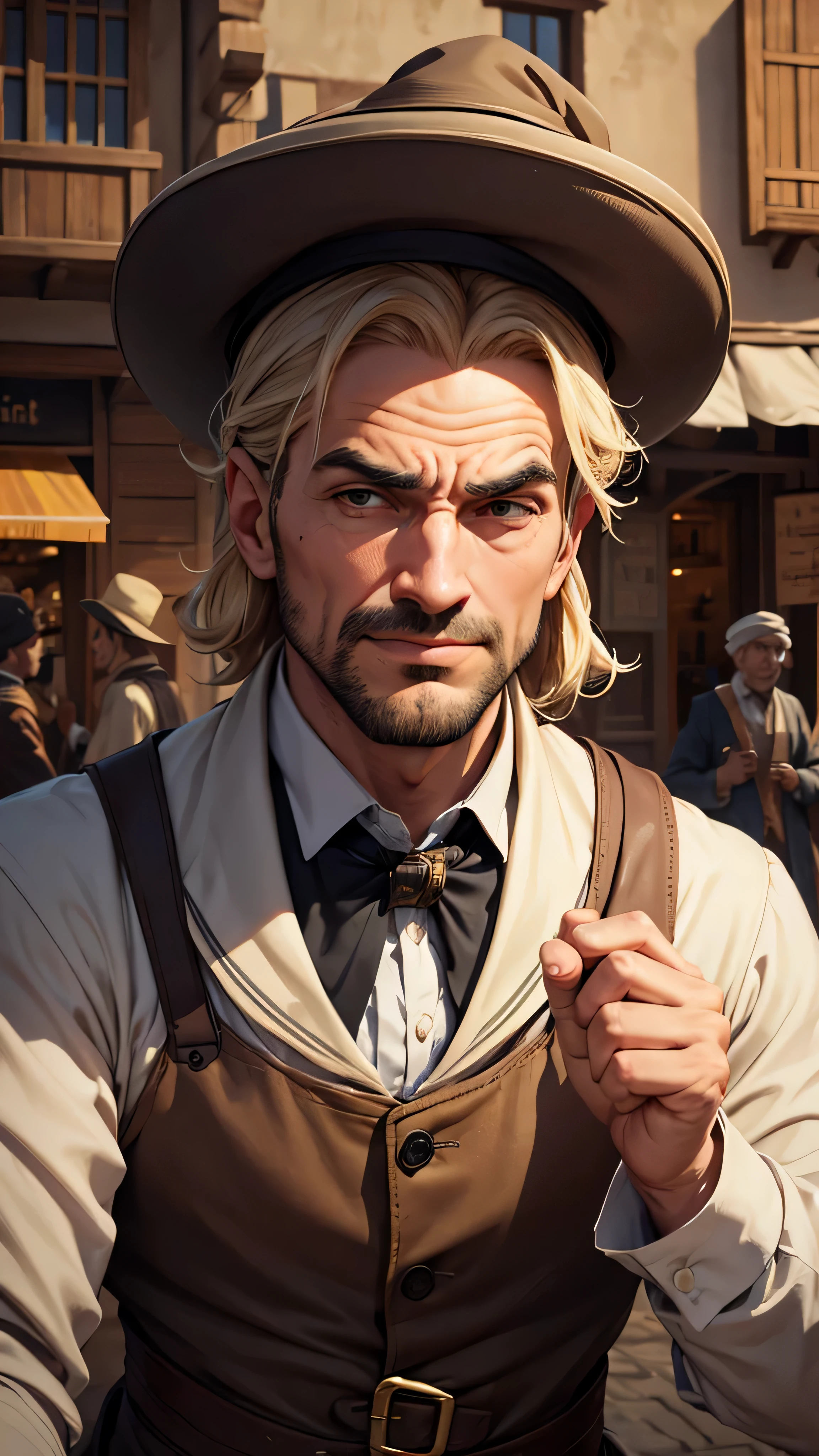2 rich merchant with annoying expression on his face on the middle of the old town street
