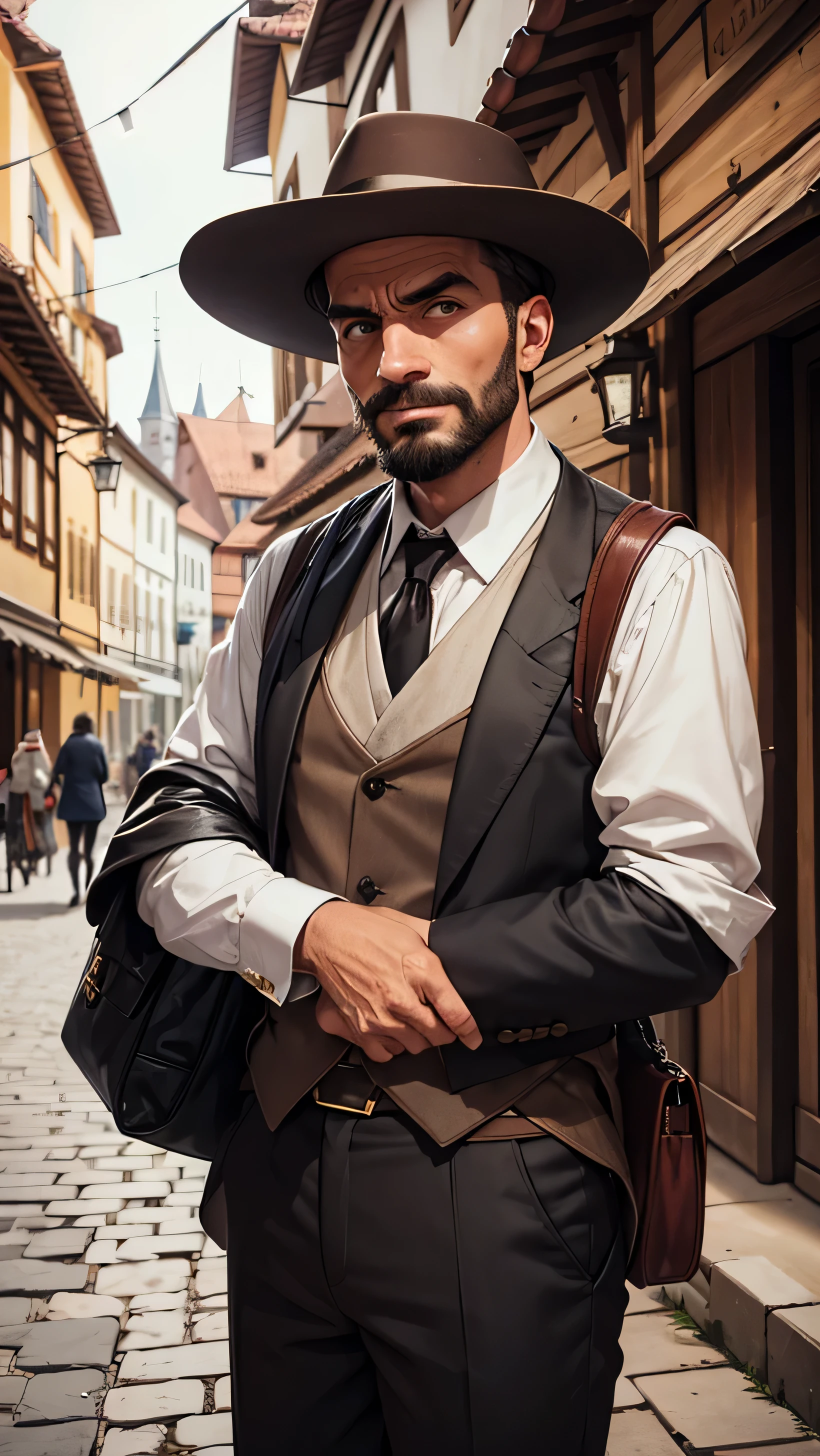 2 rich merchant with annoying expression on his face on the middle of the old town street