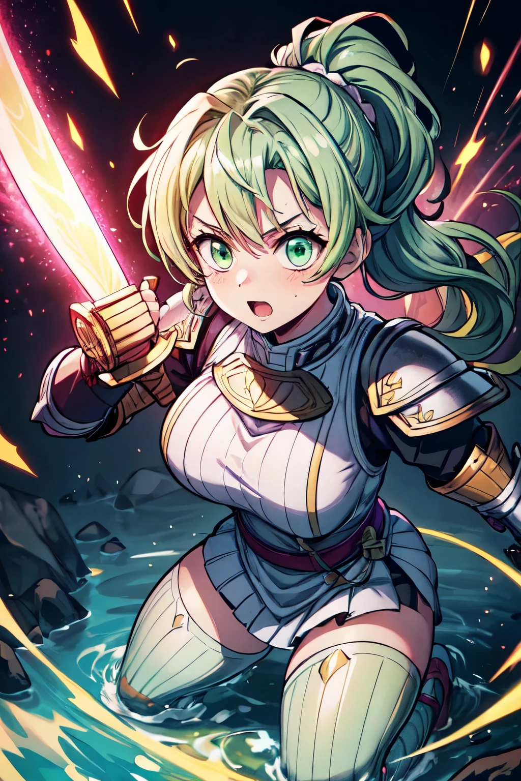 insanely detailed, absurdres, ultra-highres, ultra-detailed, best quality, light green hair, pink plate armor, lillac eyes, heavy fighter,posing with a crusader shield and sword,female,full figure, the ponytail is fluttering and messy,Heroic,Full body like,The face is clear and accurate, super-fine,16K resolution,high qulity,电影灯光,High picture detail,dynamic viewing angle, epic shooting,oc rendered