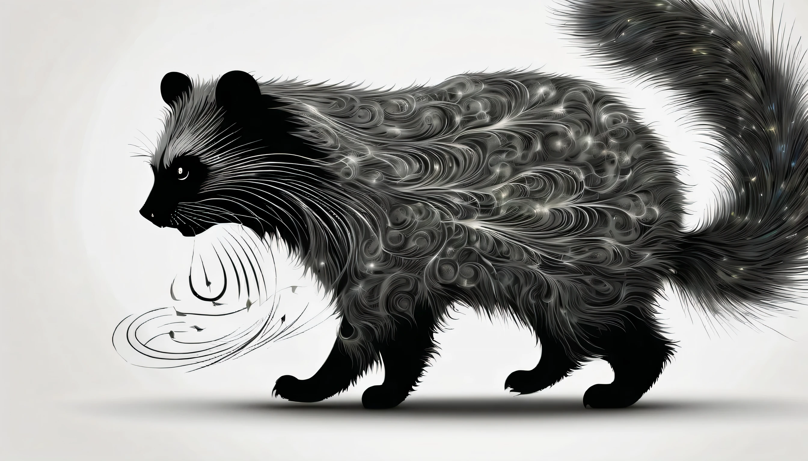 Finely crafted optical chalk drawings emerge from depth lighting, A majestic creature that looks like a fusion of Binturong Bearcat and electricity., dark gray fur, It appears to emit a faint electric light., Delicate and precise details bring out the beauty of the swirling pattern., Extremely delicate touches add a fantastic fragility, composed by master musicians, accompaniment sheet music, Contains many melody notes, add depth to images. A high-quality masterpiece that creates an otherworldly atmosphere., Intricate detailed textures, (highest quality:1.2), highest quality, Conceptual contrast, Toon Rendering, Unorganized resolution, groove,
