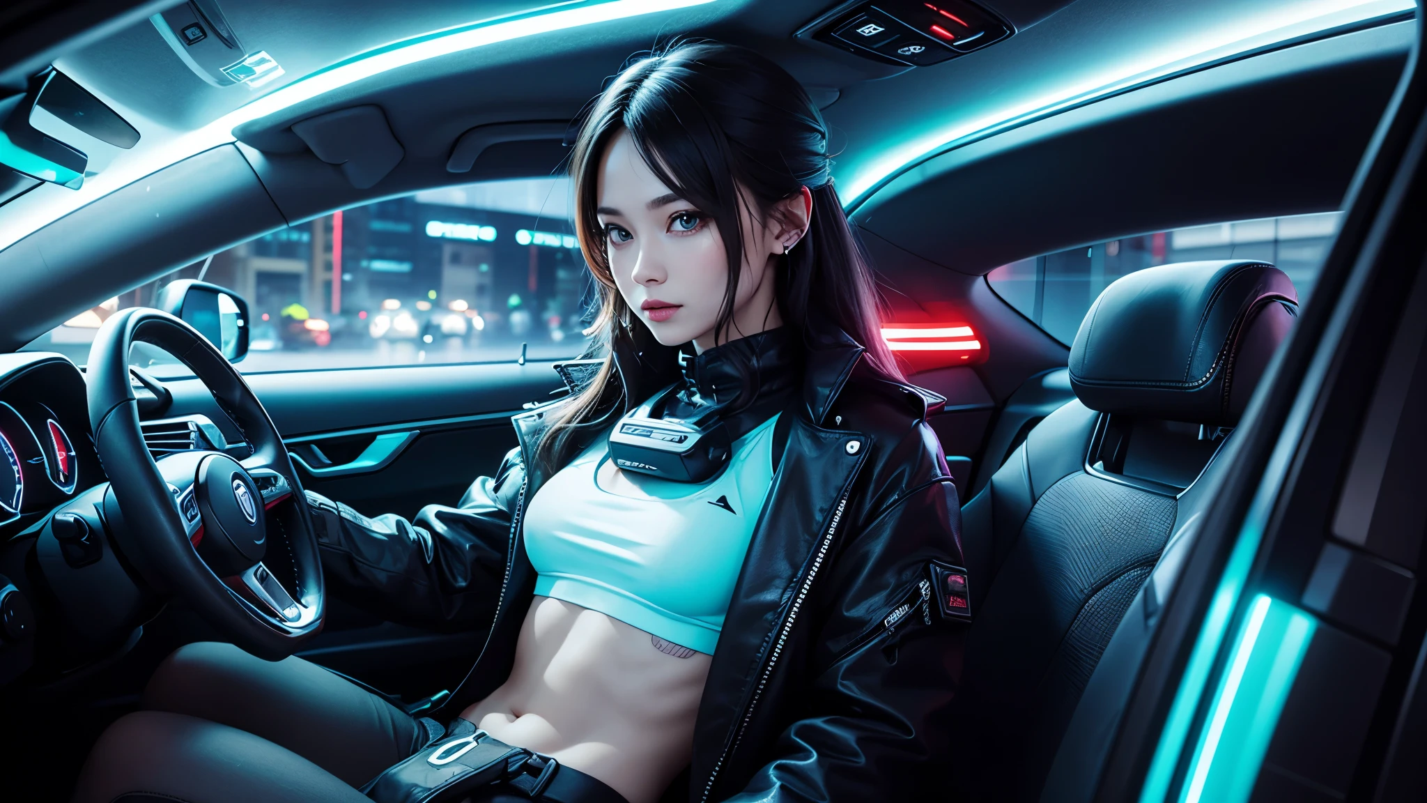 Create image of a person sitting in the driver's seat of a futuristic car with neon on a rainy night