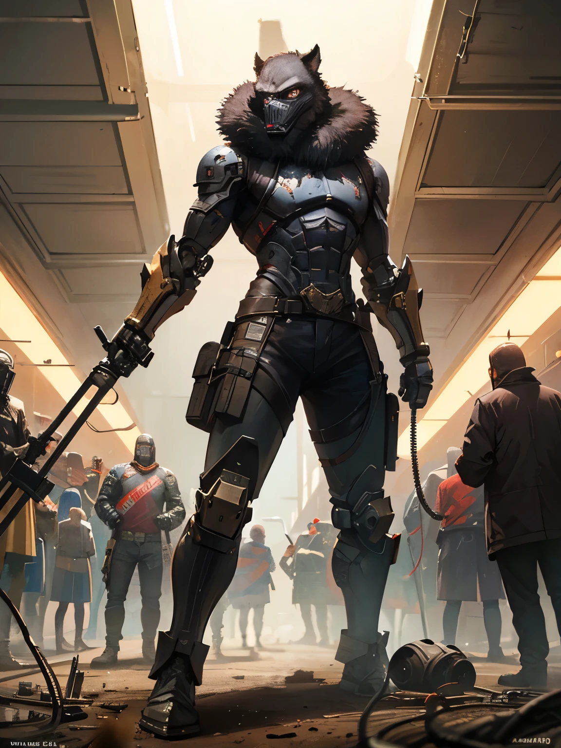 Masterpiece, ultra detailed, wasteland scene, arena filled with mutants, cyber gorilla with a mace in the arena, robot arm, cables, crowd, cheering, spotlight