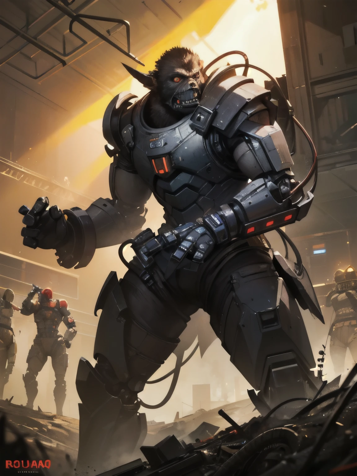 Masterpiece, ultra detailed, wasteland scene, arena filled with mutants, cyber gorilla with a mace in the arena, robot arm, cables, crowd, cheering, spotlight