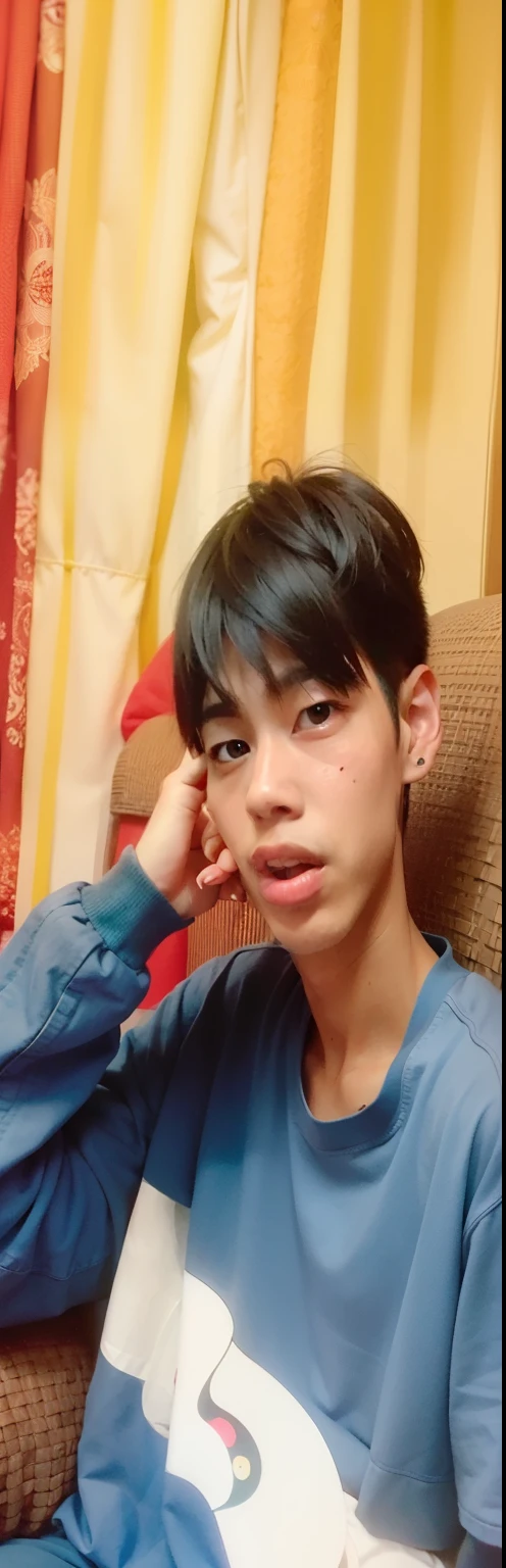 boy sitting on a couch with his head on his hands, with accurate face, with korean style hair, thawan duchanee, with long hair, riyahd cassiem, hyung tae, 1 7 - year - old boy thin face, kim doyoung, ruan cute vtuber, potrait, boyish face, south east asian with round face
