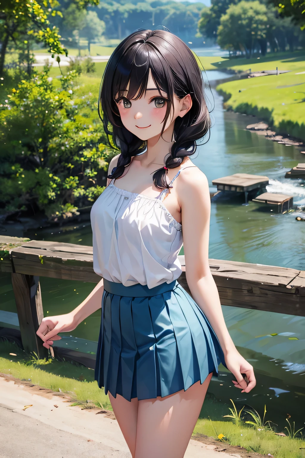 very cute and beautiful girl,(very detailed美しい顔), white camisole,Are standing,Cowboy shot BREAK (smile),Happy,looking at the viewer,(blue pleated mini skirt:1.2),(skirt lift,white panties), rural area,along the narrow river,bridge,wood,summer,detailed landscape,black hair,twin blade, (highest quality,masterpiece:1.2),disorganized,High resolution,super detailed,very detailed,32K,8K resolution, intricate details,movie-like scene,detailed background,alone,dynamic angle, (realistic),perfect hands,