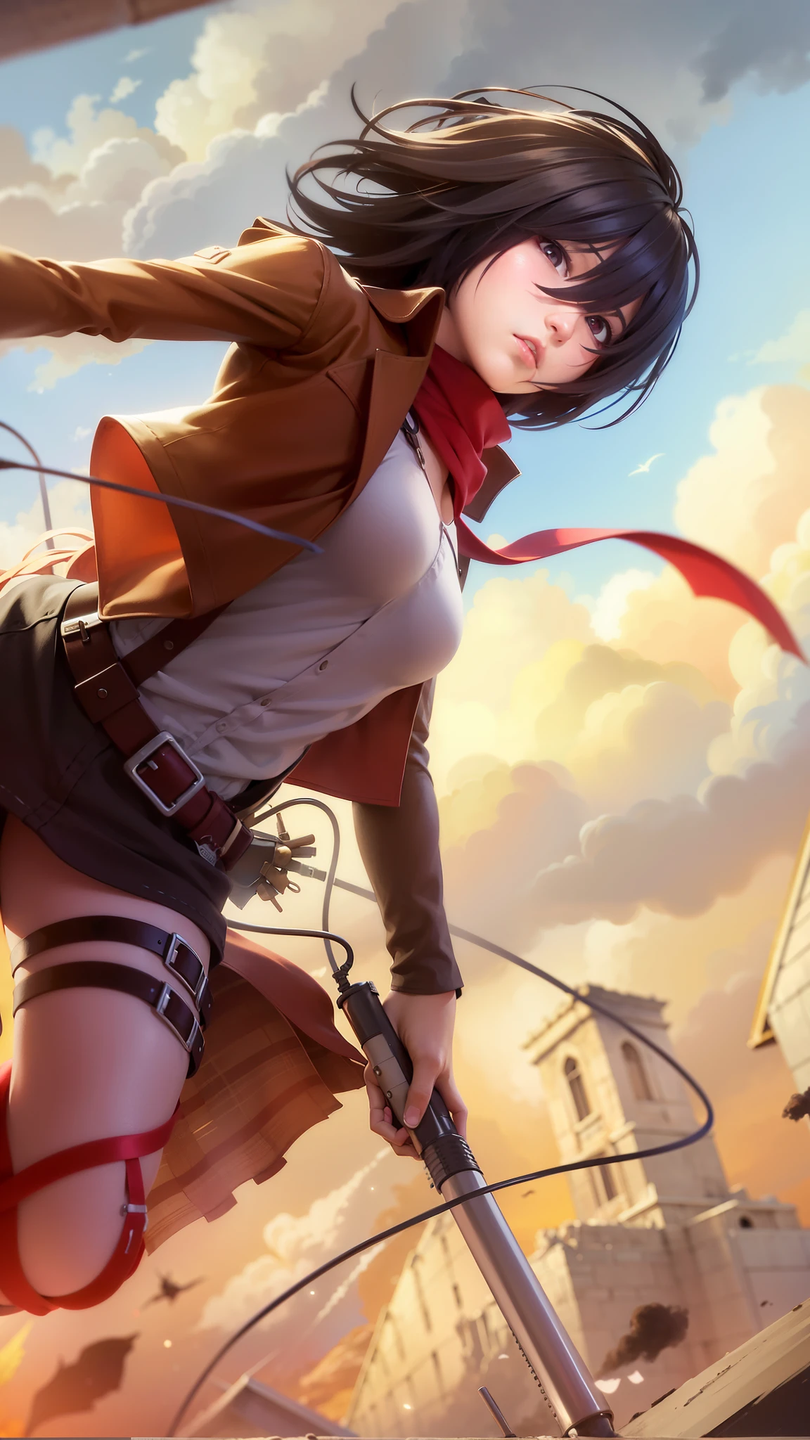 masterpiece,best quality,1girl,mikasa_ackerman,Red scarf,sky,gloomy,Combat posture,sinister gang,butyric,Minimalism,Impact art,ruins,black eyes,close up.