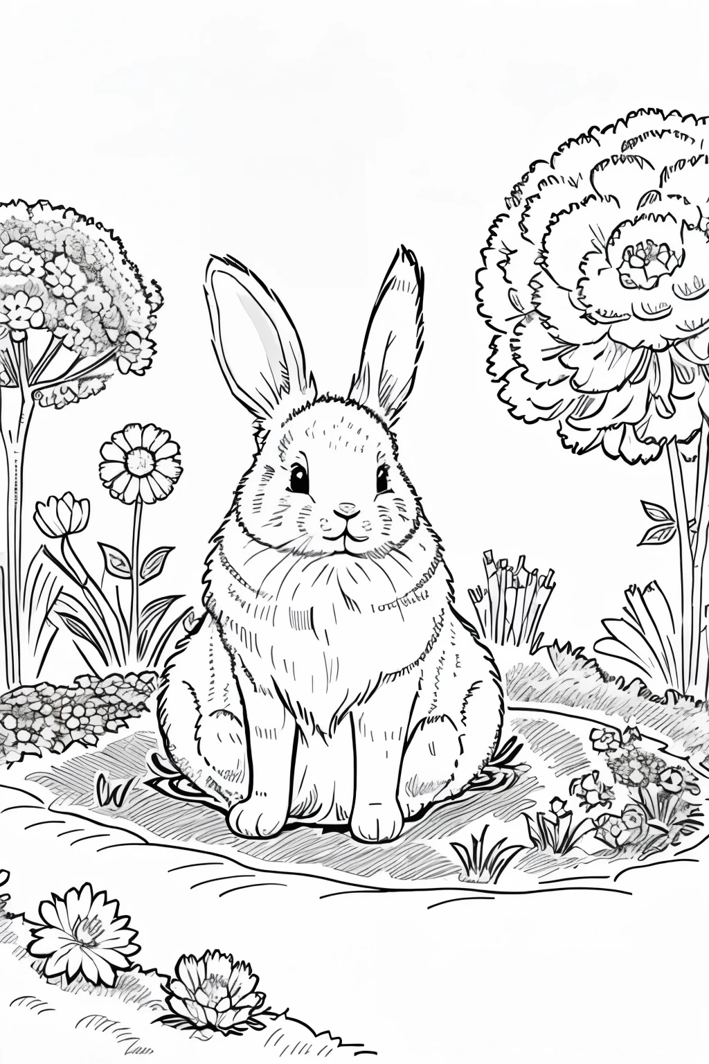 Cute fluffy bunny surrounded by blooming flowers in a whimsical garden. In line art for coloring book