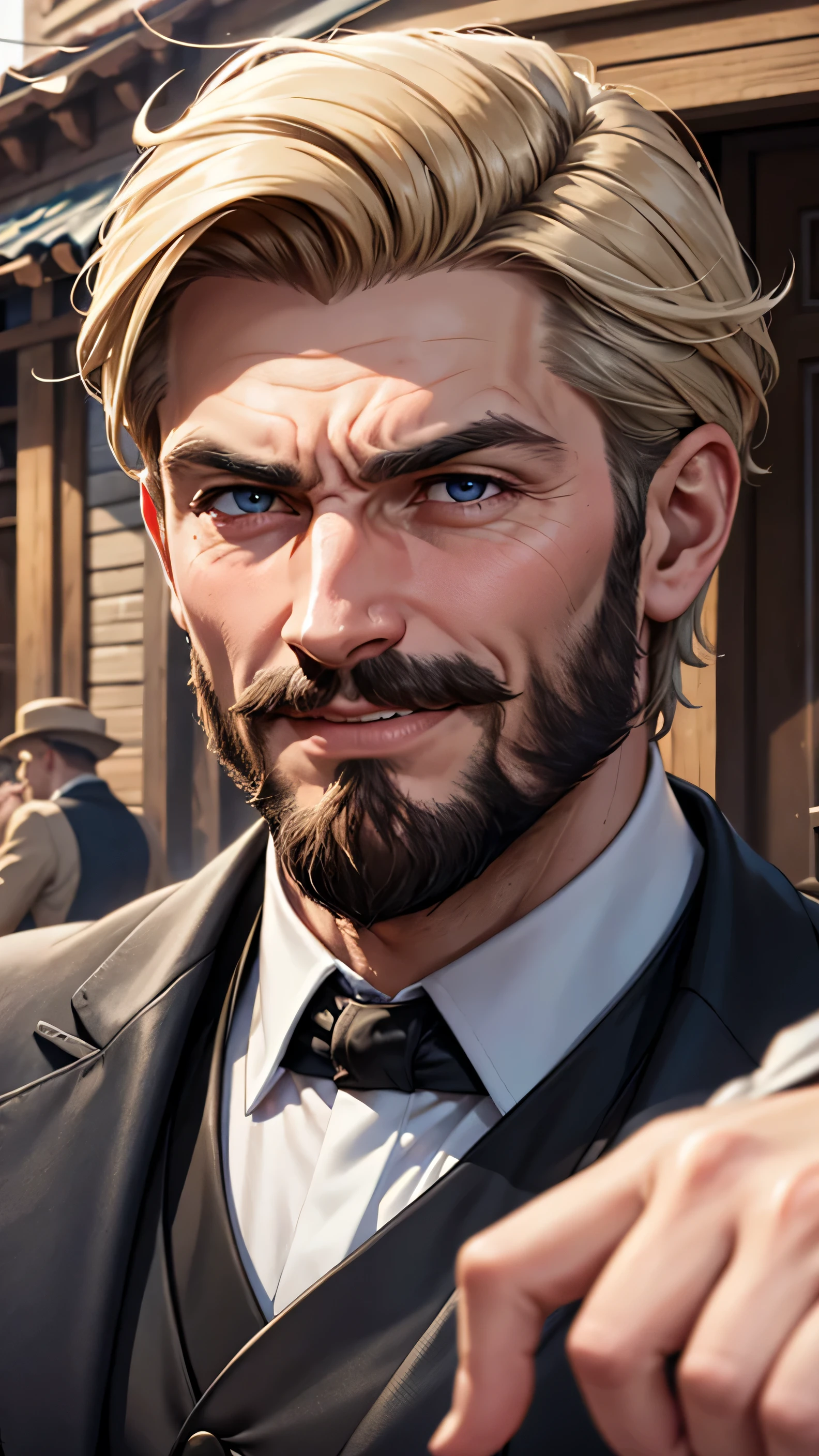 A close up of face of masculine male rich merchant mocking someone in old poor town street

