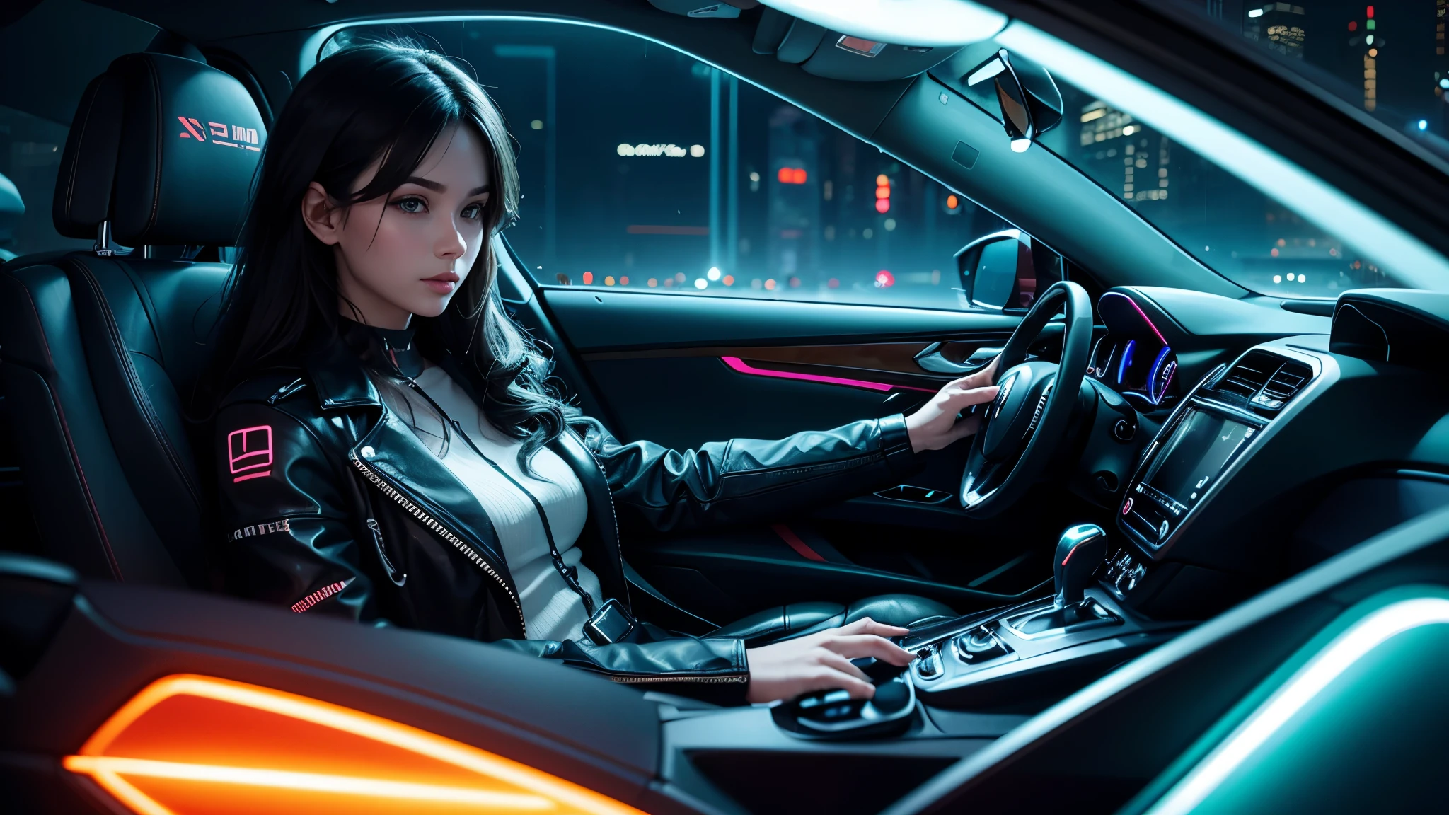 Create image of a person sitting in the driver's seat of a futuristic car with neon on a rainy night