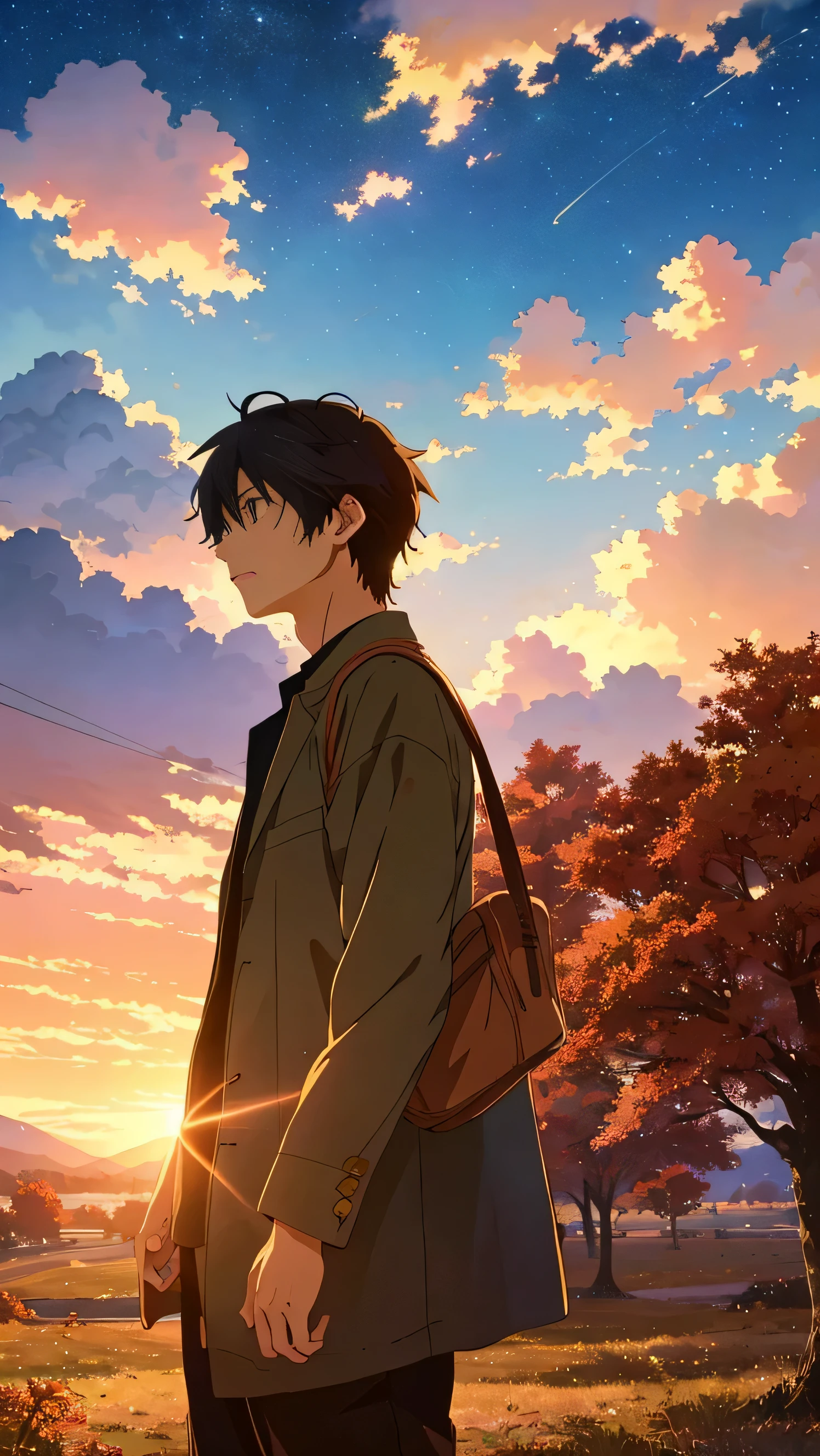 Makoto Shinkai、((A masterpiece)),((Highest quality)),、The anime、Autumn Sky、Arbre mort、feuilles mortes、cloud, vibrant gold sky, automne、Beaux paysages、Beau ciel de coucher de soleil、The magic hour、Il y a un peu de vent、perspective、