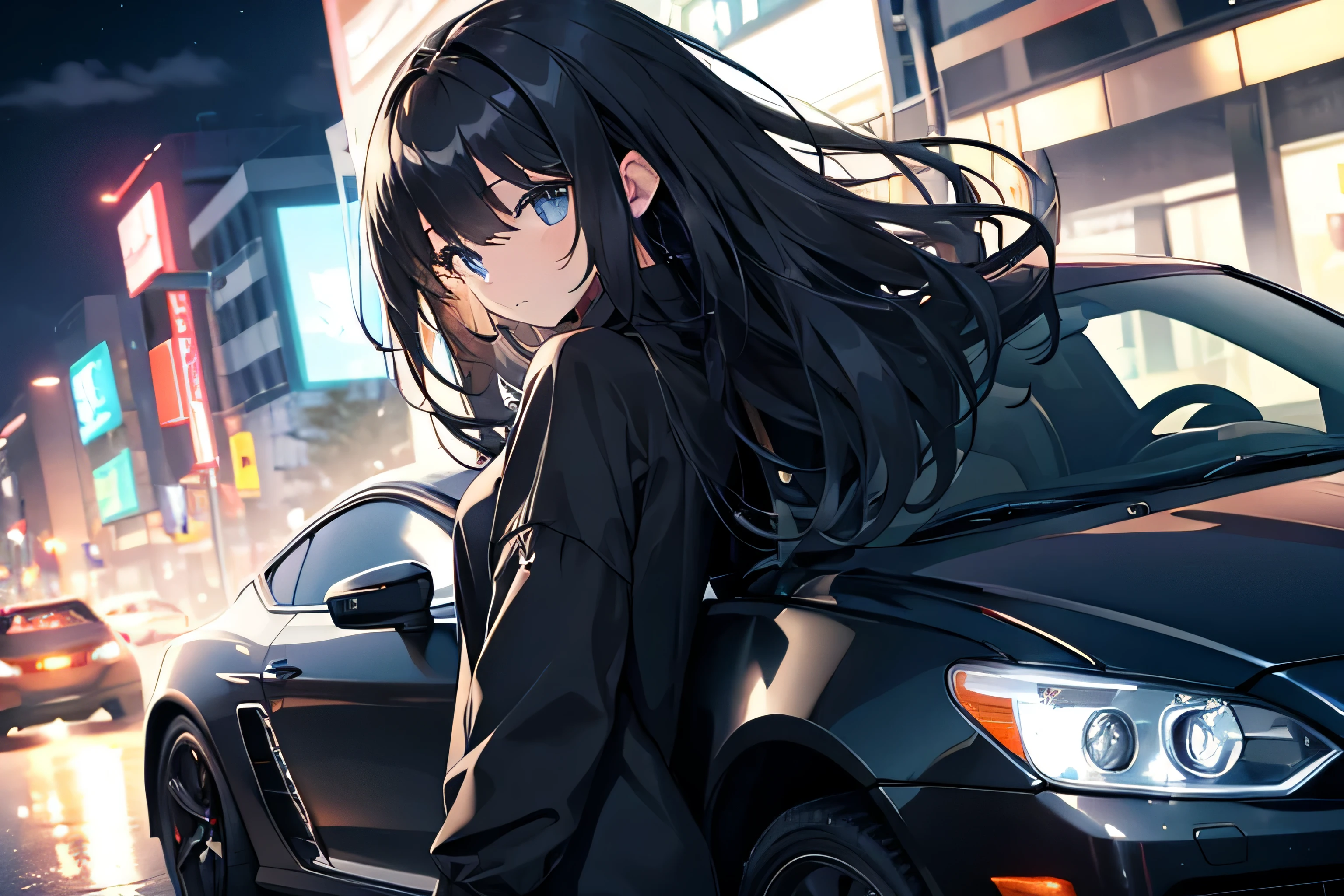 Black long hair girl with a black car. Night background