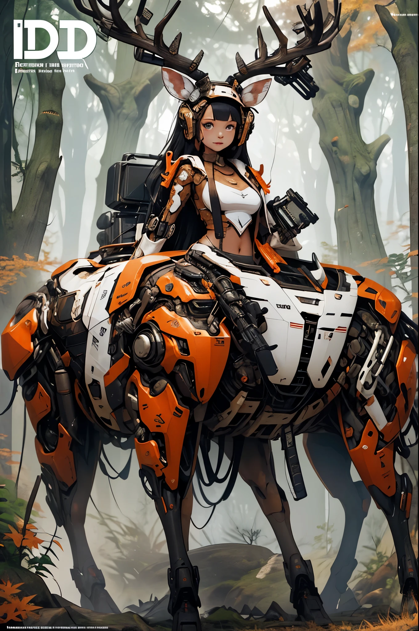 masterpiece, (1girl), extremely detailed female character, full body shot, best quality, dnd, dungeons and dragons, (curvy, athletic, pointy ears), (deer, deer ear, anthro, horns, antler, glowing eyes), (magazine title, text), (magazine:1.3), medieval era, fantasy clothes, anime style, (medieval mecha sci-fi suit, autumn forest background, destroyed town, action pose), (nsfw:0.1)