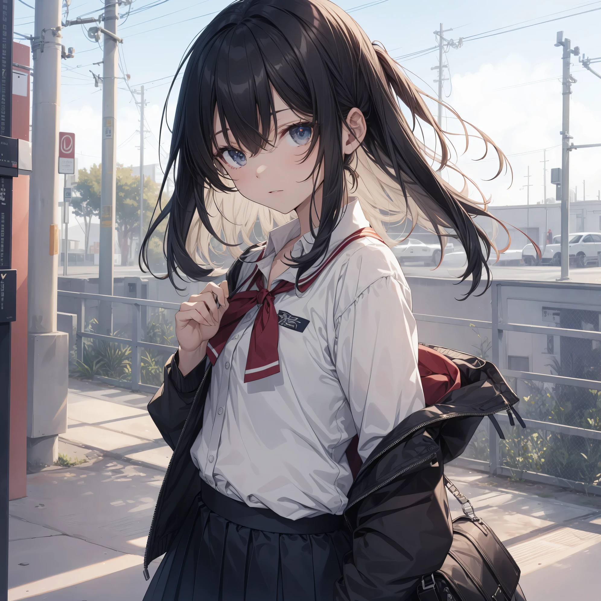 Super high quality by the art god, super detailed, High resolution, anime moe art style, best anime 8K konachan wallpaper, pixiv contest winner, perfect anatomy, break,(眠そうにalone学校へ行く女の子を描いてください. )break, 1 girl, (alone,little woman, lolita, , 13 years old:1.3),All limbs, full finger,, The charm of an immature body, (very short hair), flat chest, small ass, between legs, slim legs, Small black eyes, beautiful and fine eyes, Well-proportioned iris and pupils, expressive eyes, disgusted eyes, High resolutionの詳細な髪, wearing school uniform, (skirt),(detailed lighting), (detailed background), On the way to school. break,super dense skin, Best lighting by famous artists, 8K, figure,UHD, rough skin