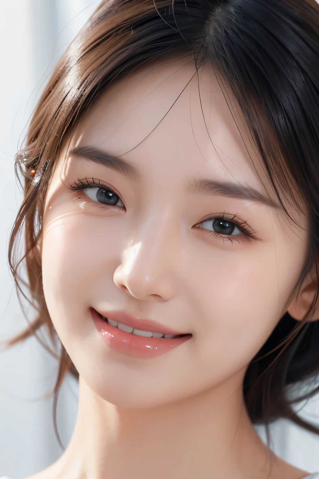 8k、High resolution、close-up image、high nose、narrow eyes、long jaw、no makeup、the smile you show to your lover、Winking eyes、white skin、transparent skin、close your eyes、slimming、cute smile、wrinkles around the eyes、Vertical plane、handsome face、beautiful girl idol