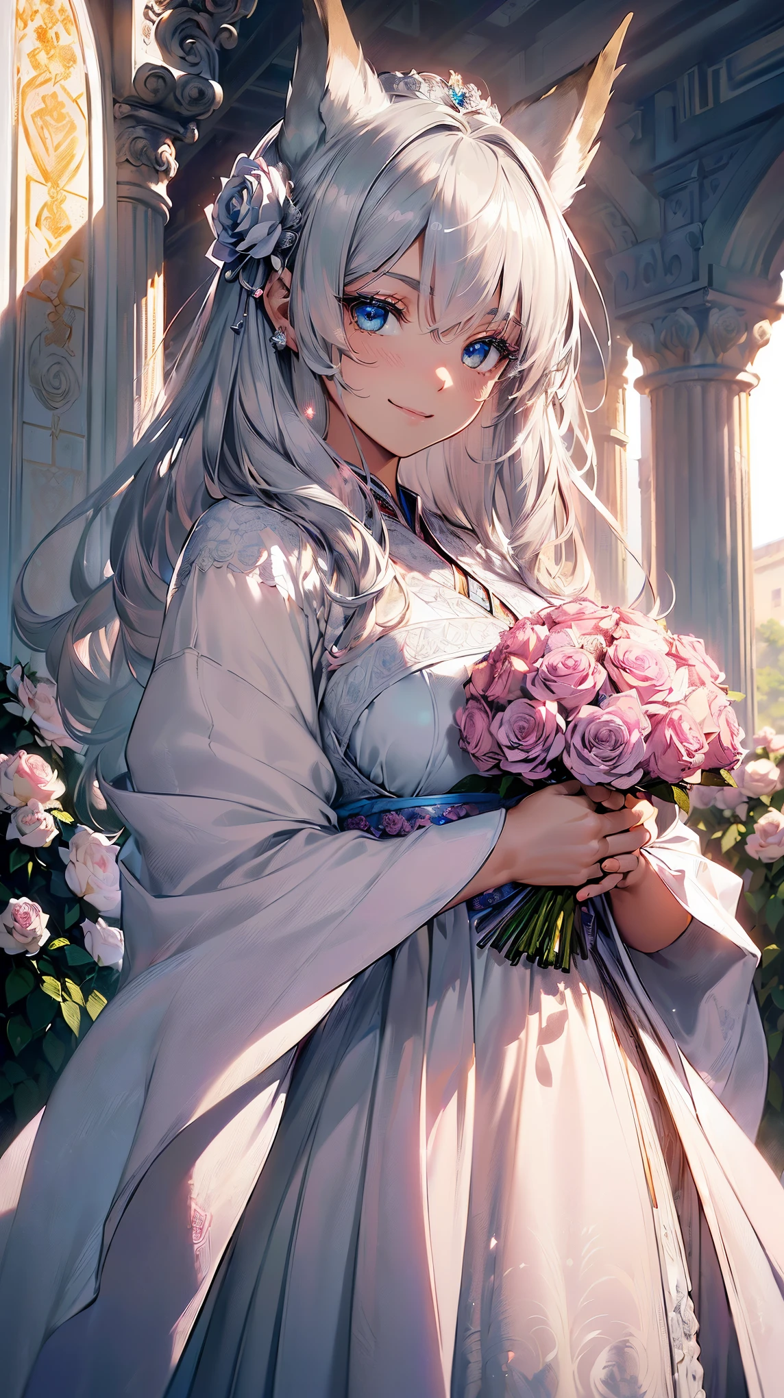 (((masterpiece))), (((highest quality))), ((ultra-detailed)), ((super fine illustration)), ((ultra-fine painting)), (16K highest quality wallpaper:1.4), (upper body:1.4), Highly detailed and delicate illustration style, detailed skin texture, detailed cloth texture, detailed rose flower texture, detailed wood texture, extreme detailed description, (T-masterpiece), (highly detailed face:1.4), original, RAW photo, professional, Intricate details, super details, Direct light:1.6, (perfect anatomy:1.4), (highly detailed hands:1.2), (highly detailed fingers:1.2), (highly detailed fingertips:1.2), (16-years-old), real, (solo:1.6), (A mysterious and sacred silver fox girl with nine tails and blue eyes who is an idol, messenger of the gods, and a shrine maiden:1.4) BRAKE (Beautiful and adorable silver fox ears:1.6), (Highly detailed and delicate silver fox ears:1.4), (beautiful and well-shaped :1.2), (beautiful and well-shaped buttocks), ul and shiny silver hair:1.6), (highly detailed and delicate silver hair:1.4), (beautiful clear blue eyes that shine with great detail:1.6), (highly detailed and delicate blue eyes:1.2), (highly detailed face:1.4), (smile:1.4), (looking at viewer:1.4), (standing:1.4), (Celebration:1.4) BRAKE ((A beautiful and gorgeous princess dress that is detailed and delicate to be worn at celebratory occasions:1.4)) BRAKE ((Holding in both hands a large bouquet of highly detailed and delicate ((white and pink roses)):1.3)) BRAKE (Just after noon:1.4), (Celebration:1.4), (((Highly detailed and delicate white rose flower and pink rose flower garden background:1.3))), (Highly detailed and delicate royal palace courtyard background in just after noon in spring:1.3) BRAKE