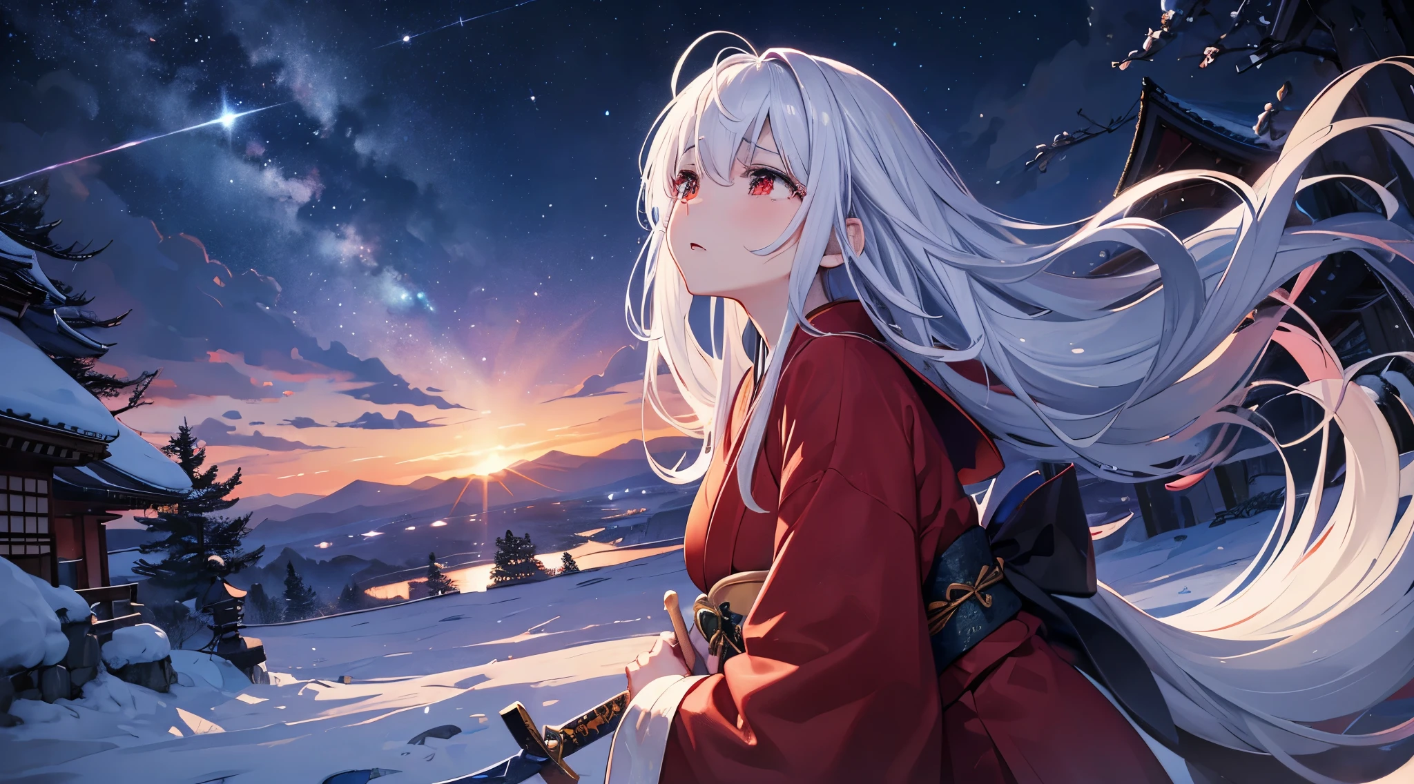fantasy、Sparkling、tears、crying a lot、The face is turned upwards、big sword、despair、look up to the sky、snow山、sea of fire、snow、Japanese style、battlefield、knife、dark、bright red kimono、Funny expression、Cheek cane、Luxurious chairs、hatred、grudge、red eyes、hate、despair、unhappy expression、Rasvos、((look up to the sky)),((knifeを抱える))、