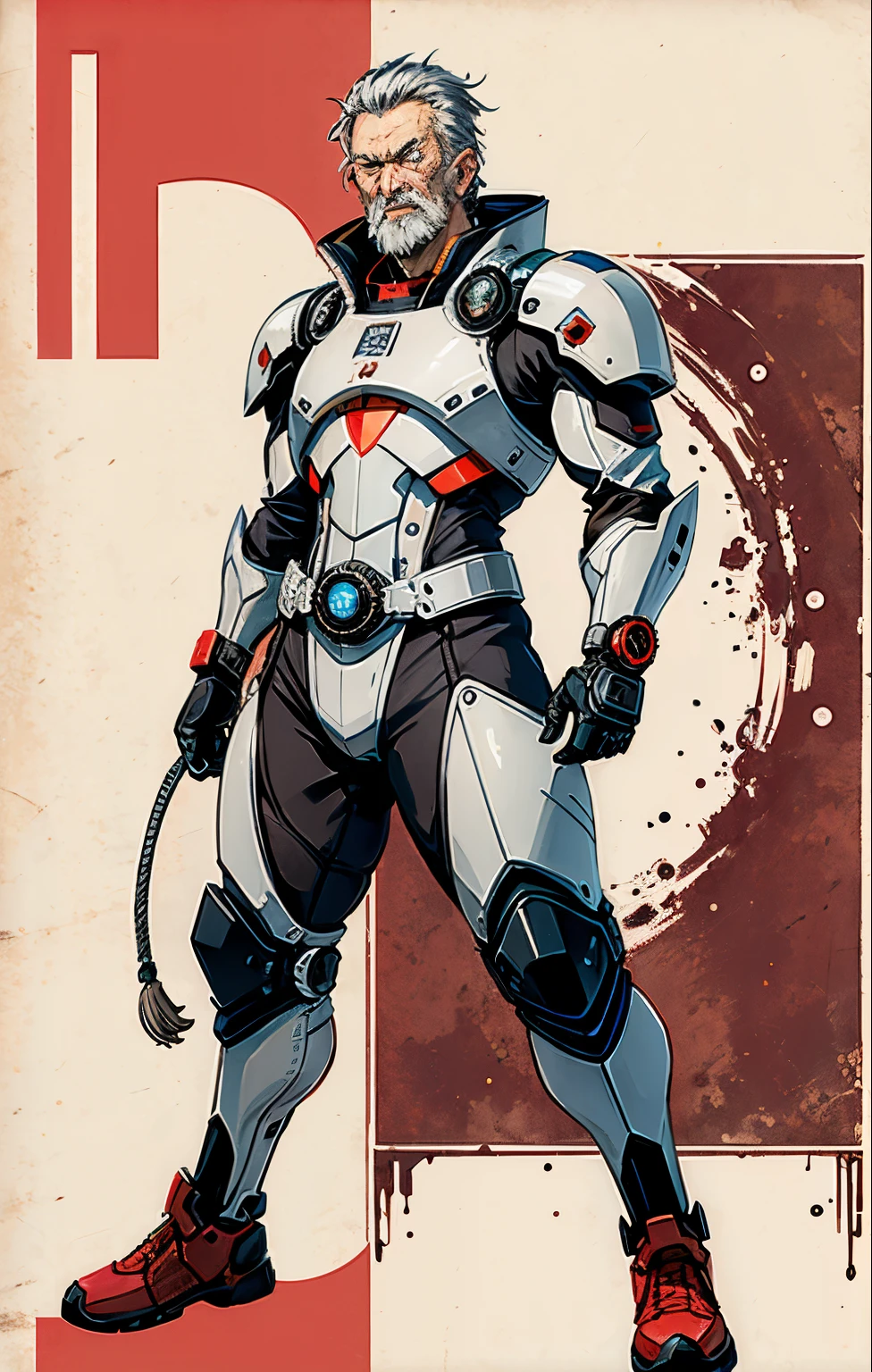 cool old man,gray hair, red eyes, Wearing a powered suit,lots of watches,Future,