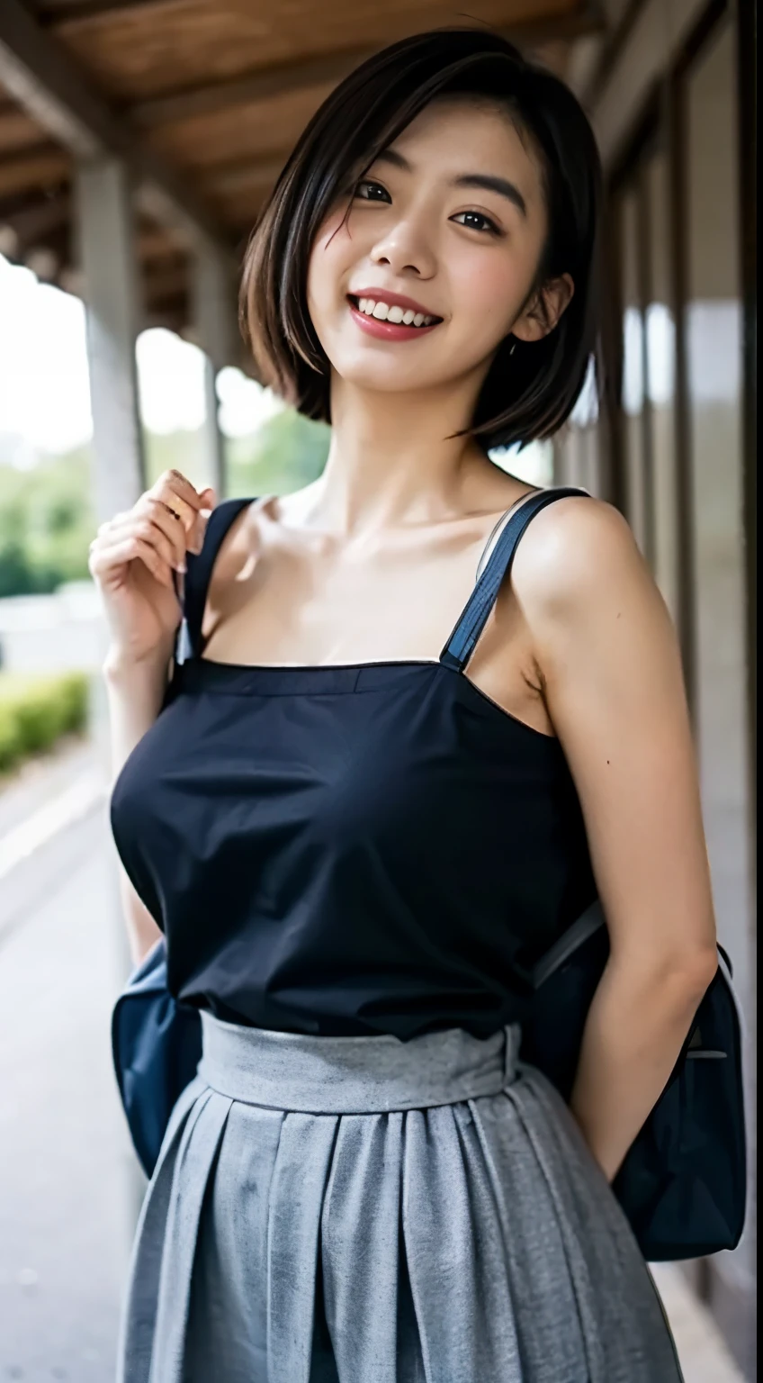 NSFW,Highway、hitch-hike、Backpacker、from below、Raise your hand straight up、Japan woman with the best smile、、Bewitching、off shoulder、mini dress、short hair、abundant pubic hair、Backpack、very loud laugh、big mouth、white teeth、Full body Esbian、Skirt flying in the wind