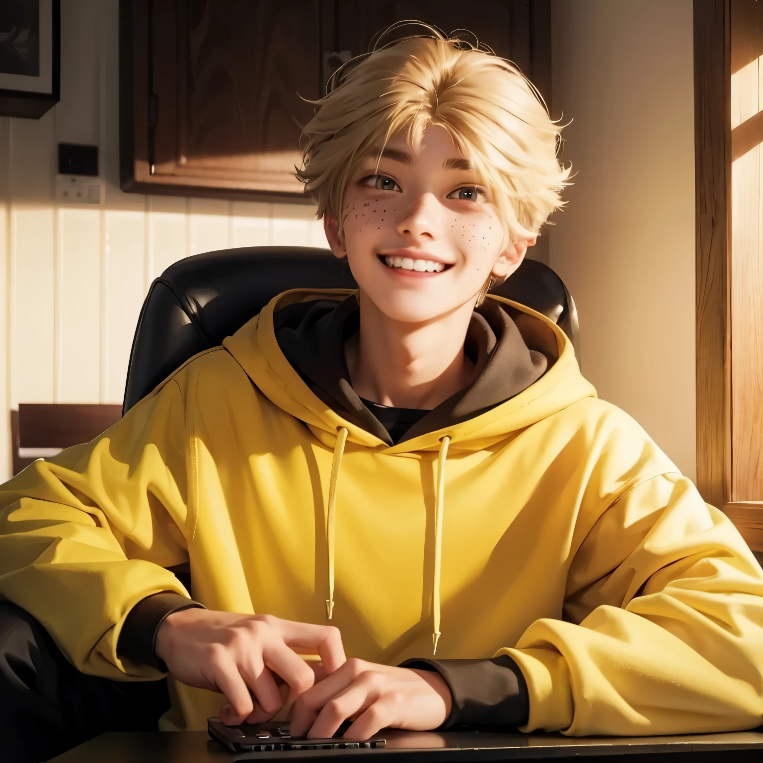 yellow eyes、freckles、short eyebrows、smile、teeth、long eyelashes、youth、17 years old、Swede、cute