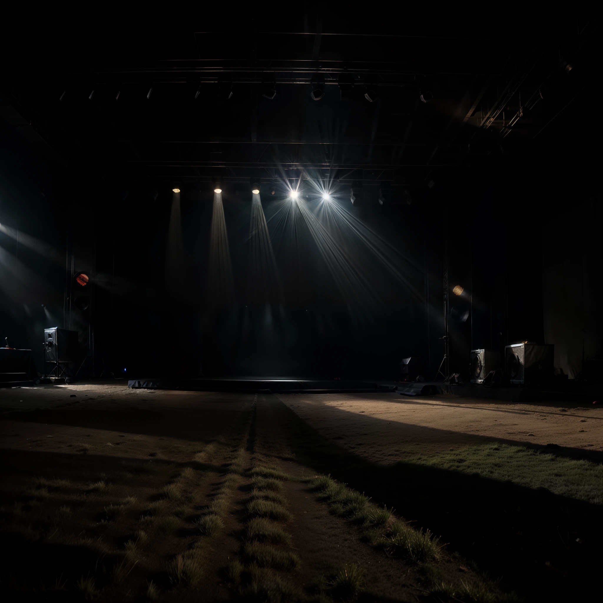 frontal view of the empty stage before a rock concert realism haze backlight scenery masterpiece details light rays microphone in the middle close-up
