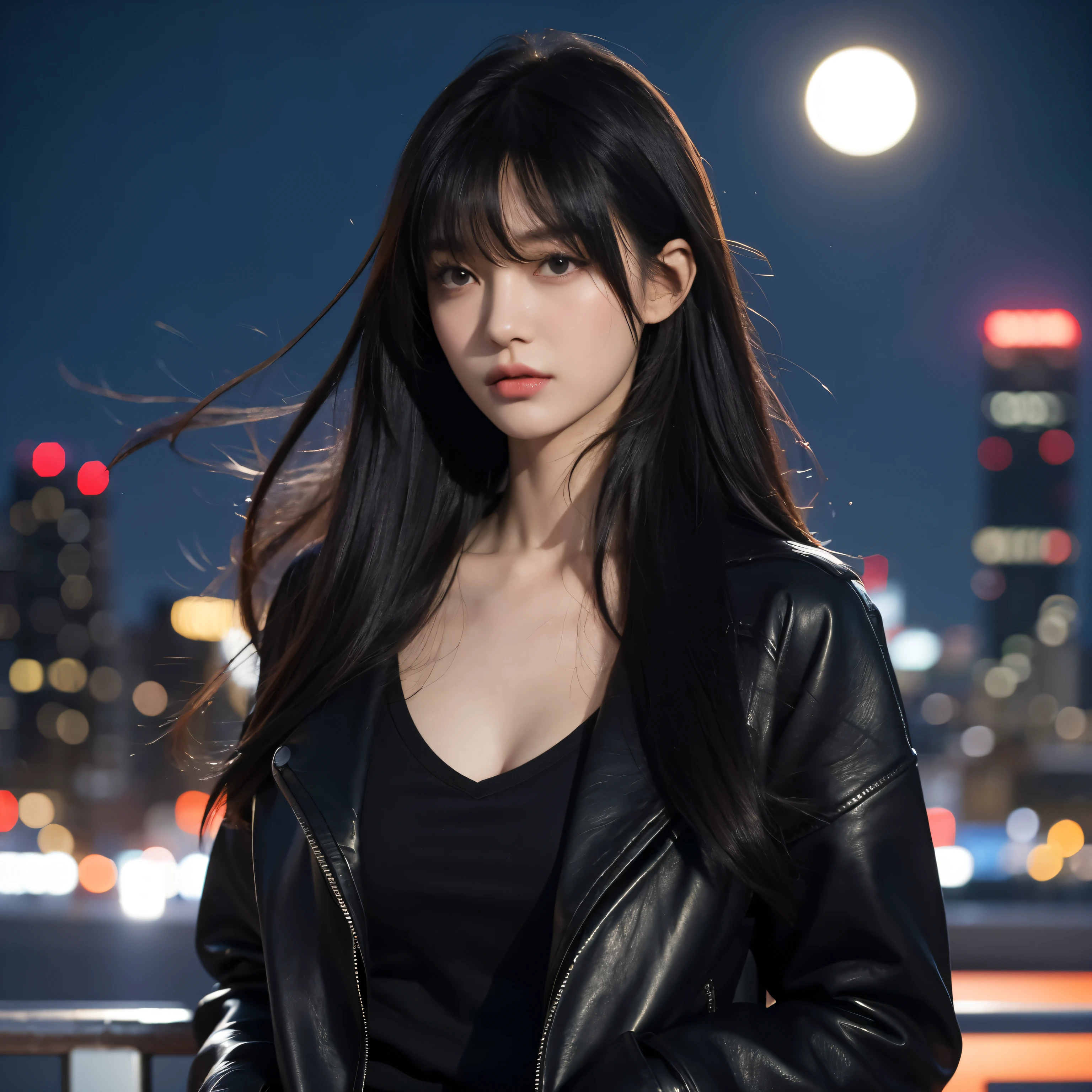 20 years, Slim,perfect breasts, long black hair, hair распущены, bangs on the head, hair, Developing in the wind, Protect your eyes, фуфайка, black leather fitted jacket, LOOK THE OTHER WAY,night city, portrait,roof of a high-rise building, high detail, High quality, Best quality, Beautiful picture, portrait