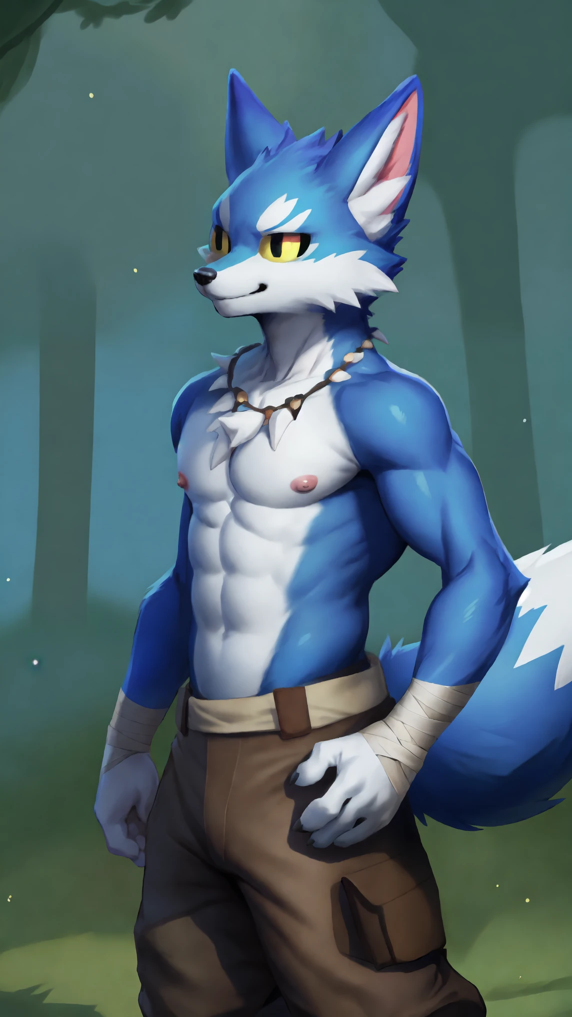 uploaded on e621, best quality, soft aesthetic, boy, anthro, male, blue fox, blue fur, white fur, fox tail, (detailed_eyes), (better hand), yellow sclera, black iris, thick eyebrows, face markings, two tones body, pink nipple, digitigade, shirtless, brown cargo pants, bone_necklaces, bandage_hands, stand, (full body), forests, (depths of field, light particles, sharp focus, high res), (by suurin_2), fox, fennik (arena of valor), male, Fennik (Arena Of Valor)
