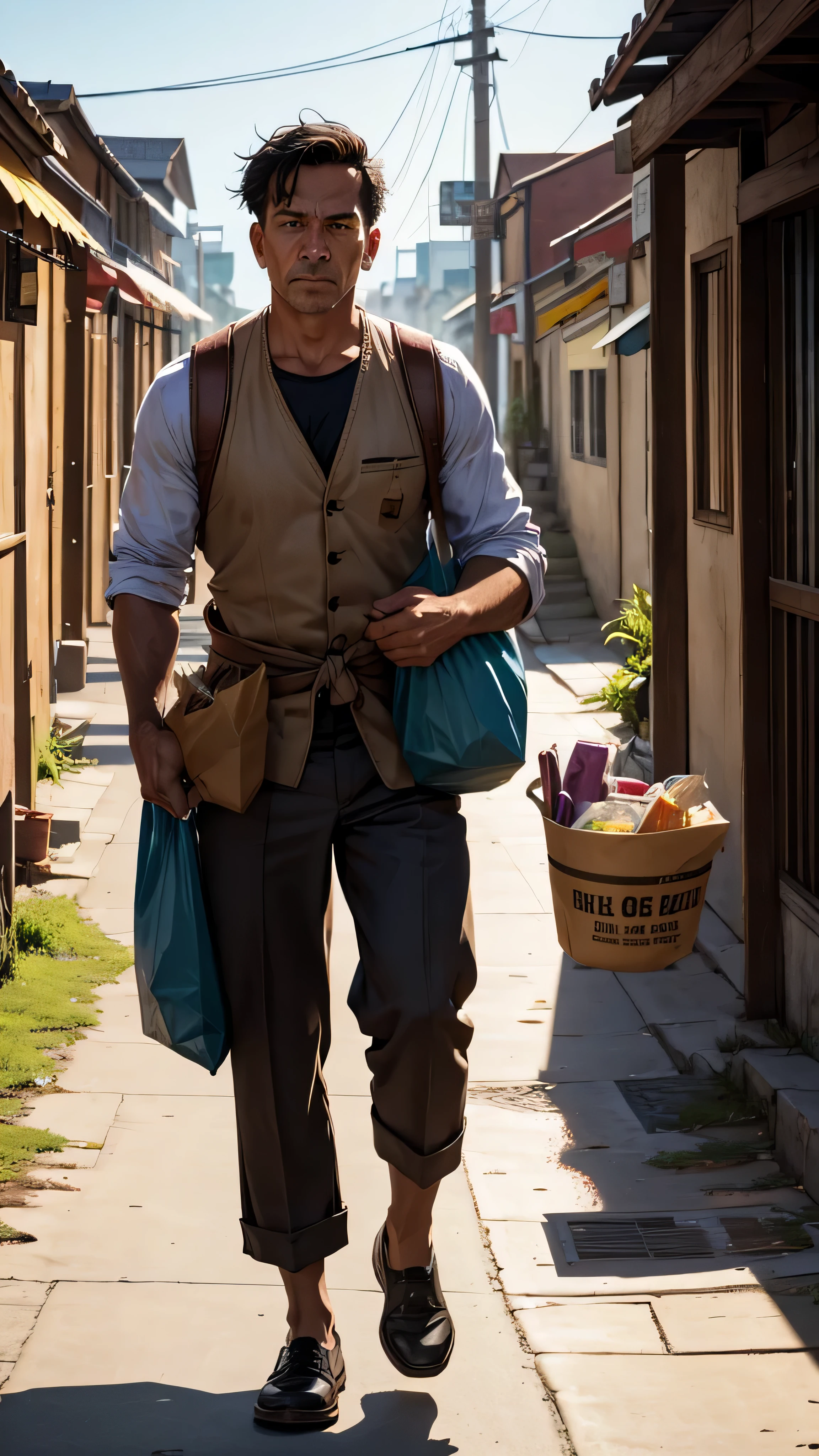 A poor masculine man carrying groceries on poor old town 