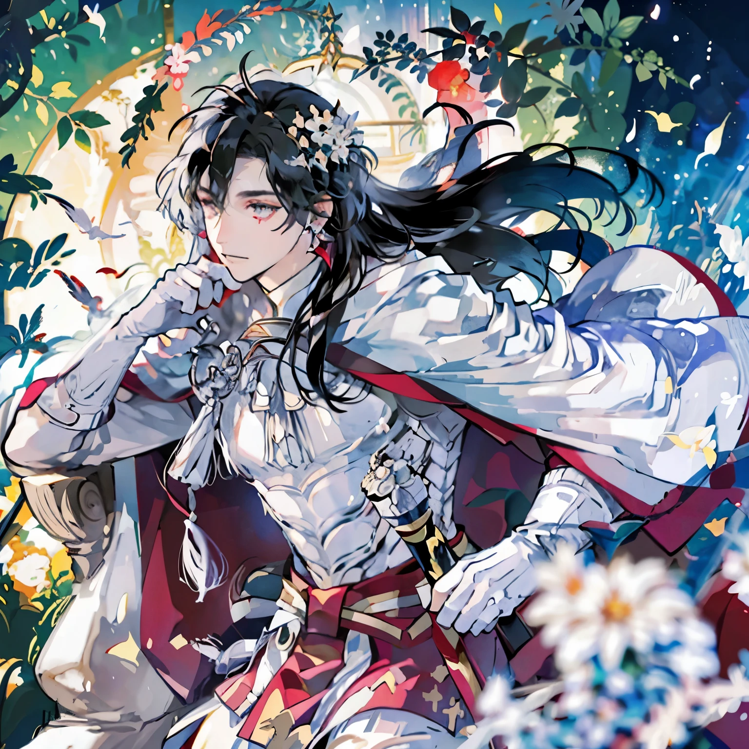 Black Haired Man、Elegant but、highest quality、Super detailed、magic effect、wizard、star、sunburned eyes、red earrings、long hair、Depressed face、melancholy look、smart body shape、white armor、white cloak、裏地の赤いwhite cloak、Noble、Brave men、hair in the wind、mossy ruins、Ruins covered with ivy、dark background、red earrings、brave warrior、the emperor、emperor、Fighting appearance、dignified expression、A single white flower behind the head、ローマthe emperor、emperor、Constantine XI、