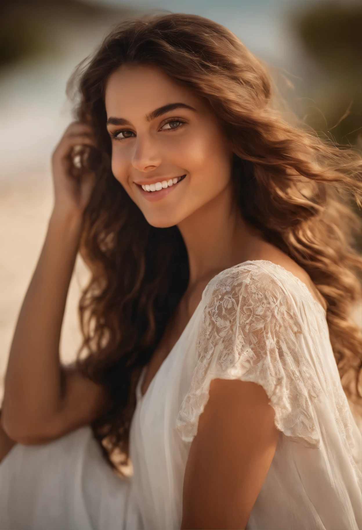 a photorealistic portrait of girl of 25 year old Mediterranean with curlly flowing brown hair and strinking brown eyes. she should have a natural , approachable expression with beautifull smile and be illulinated by soft , golden-hour sunlight. the backgroud should be a beach scenic outdoor setting . prehaps a sunlit beach. capture this image with a high-resolution photograph using 85mm lens for a flattering perspective .seed 346452992