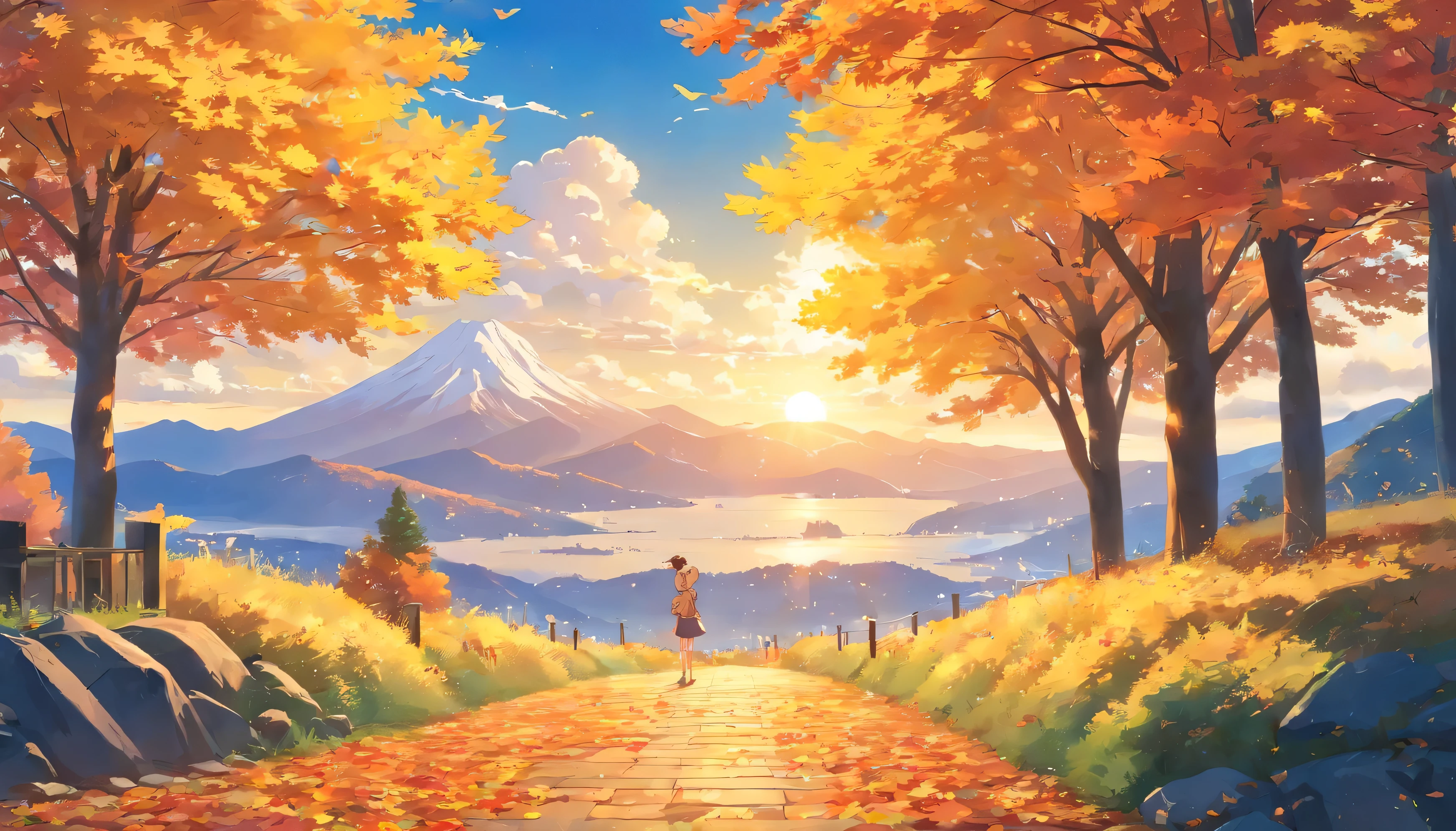 Autumn scenery, maple leaves falling, a golden yellow, blue sky, white clouds, mountains in the distance, very romantic, cozy, tranquil, visual impact, Hayao Miyazaki, anime, best quality, ultra high definition, high quality, high detail, perfect picture, textured skin, accurate, fine detail, 8k