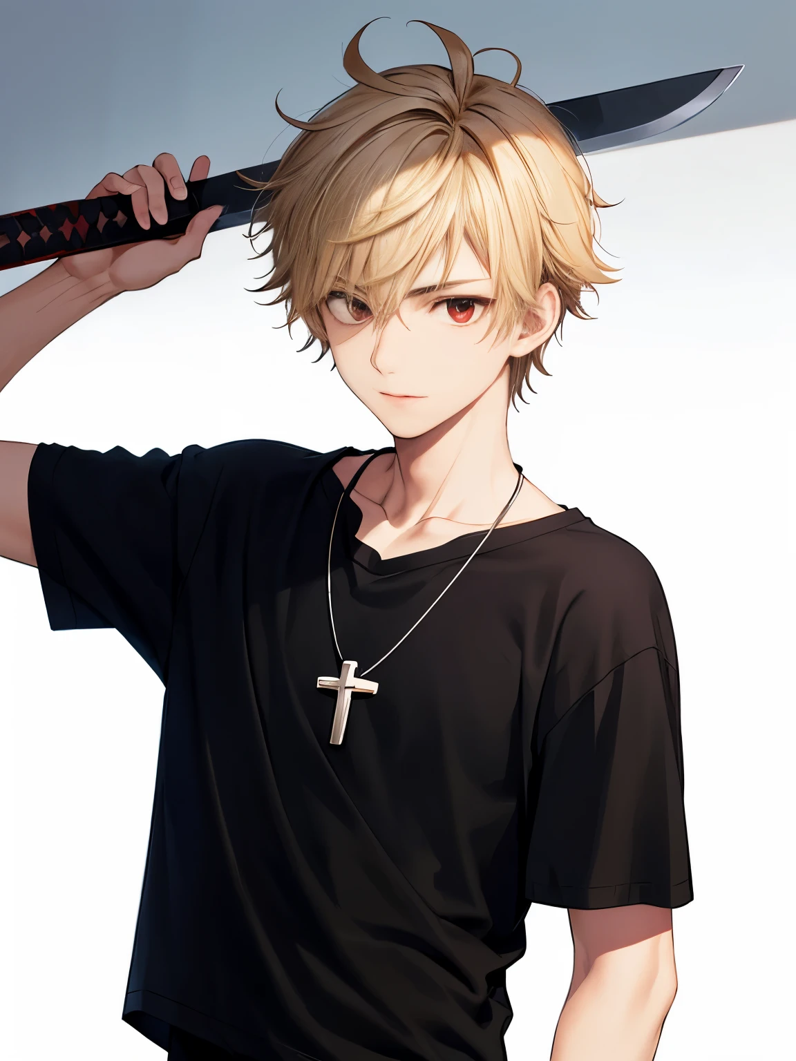 1 boy,18 years old,close up photo,Holding a sword, HD face,Focus on face,cross necklace,handsome,messy hair,Perfect face, detailed face, short hair, blonde hair,half body photo,black t-shirt, short sleeve t-shirt,black trousers, red eyes, vampire