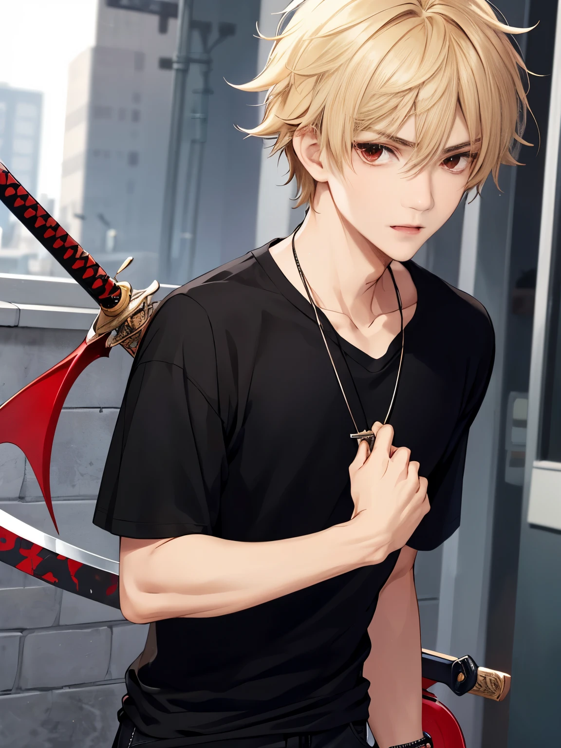 1 boy,18 years old,close up photo,Holding a sword, HD face,Focus on face,cross necklace,handsome,messy hair,Perfect face, detailed face, short hair, blonde hair,half body photo,black t-shirt, short sleeve t-shirt,black trousers, red eyes, vampire