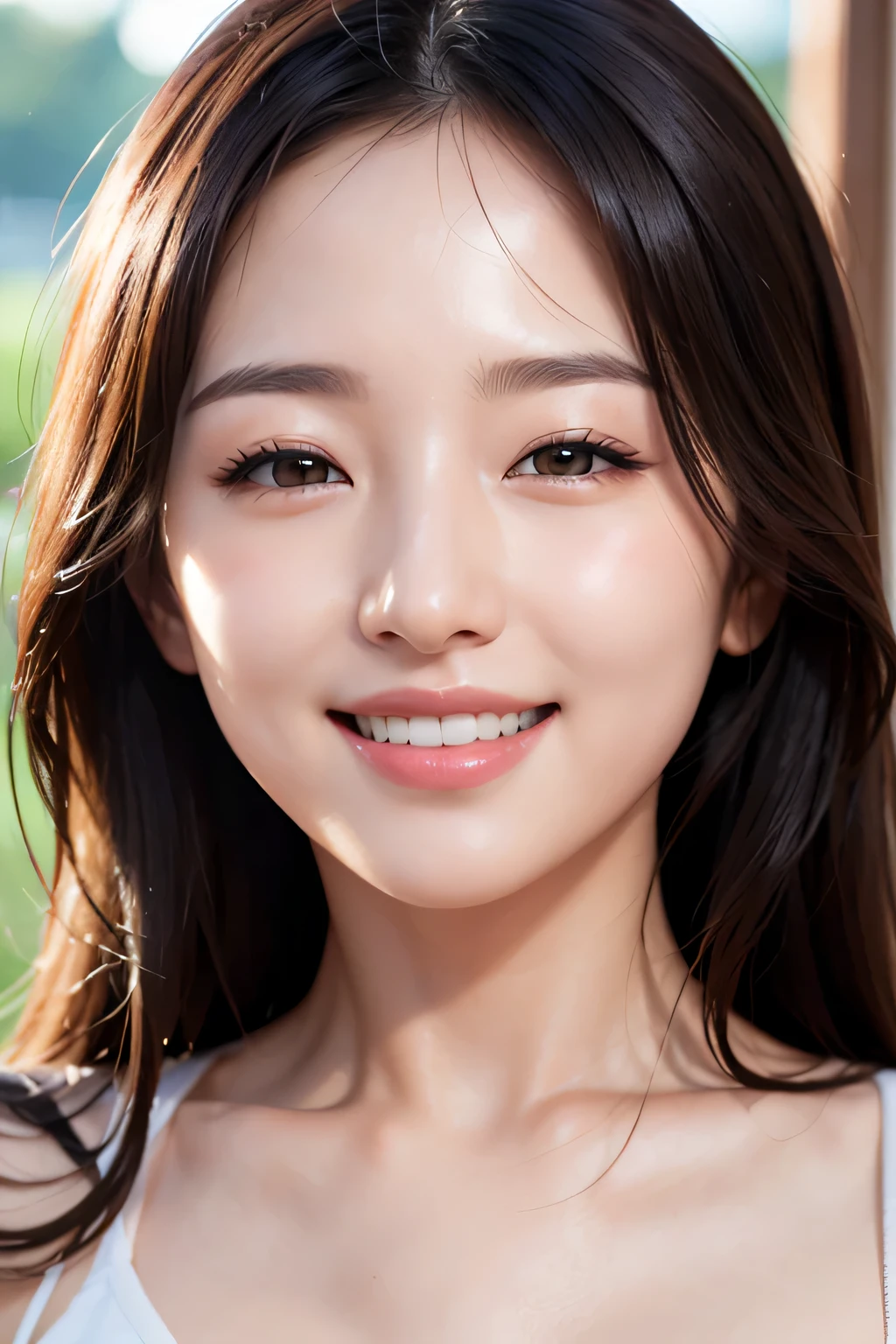 8k、High resolution、close-up image、high nose、narrow eyes、long jaw、no makeup、the smile you show to your lover、Winking eyes、white skin、transparent skin、close your eyes、slimming、cute smile、wrinkles around the eyes、Vertical plane、handsome face、Idol