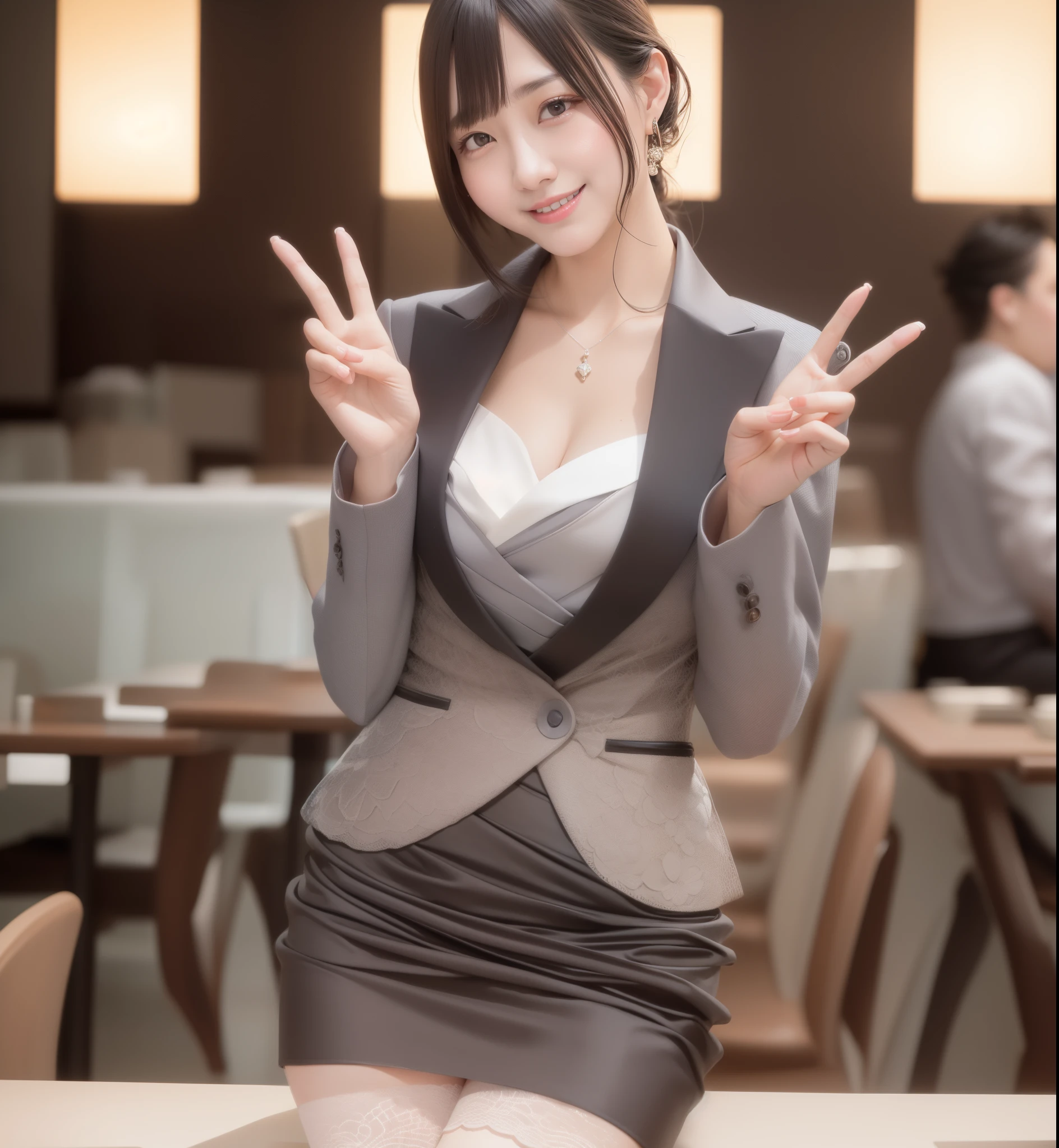 There is a woman taking pictures at a restaurant., sakimichan hdri, elegant smile pose, Cute elegant pose, sakimichan, deayami kojima, 厳格なwearing a business suit, wearing a tight suit, Trending on cgstation, elegant japanese woman, Yoshitomo Nara, wearing a business suit, Nam Jae Young、skirt is short、Panties are fully visible from the skirt、