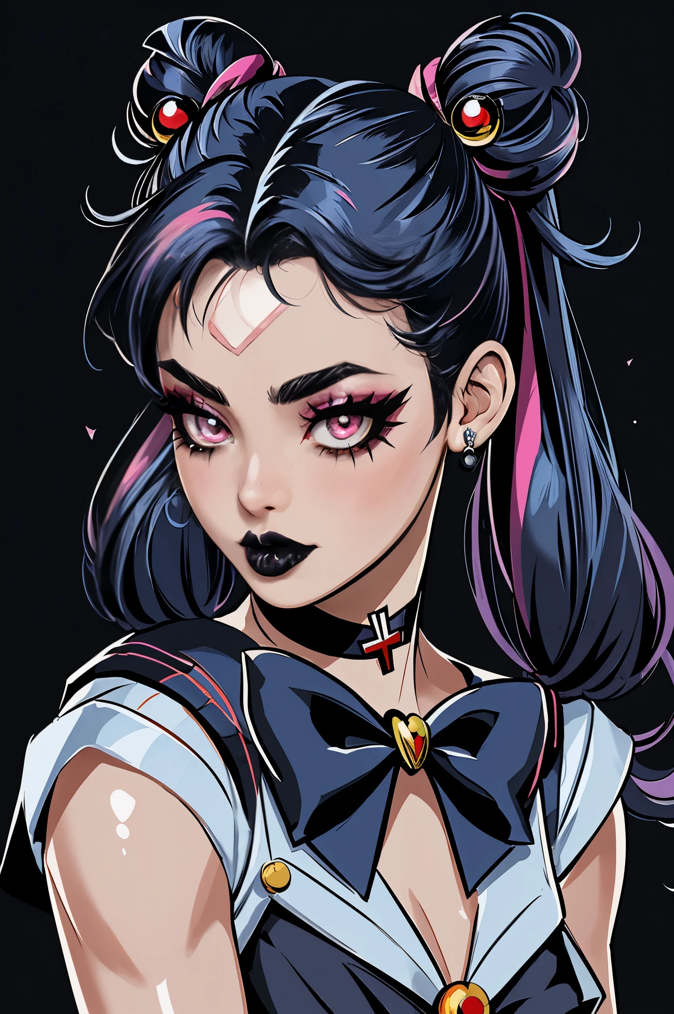 masterpiece, best quality, 1girl, gothic, black lips, solo, black hair, makeup, twin tails, hair buns, sailor moon, multicolored hair, white hair, bangs, eyeshadow, cross, hair bow, bow, lipstick, two-tone hair, fishnets, mascara, black background, hair ornament, (Genshin Impact), forehead metal accessories, sailor Moon accessories