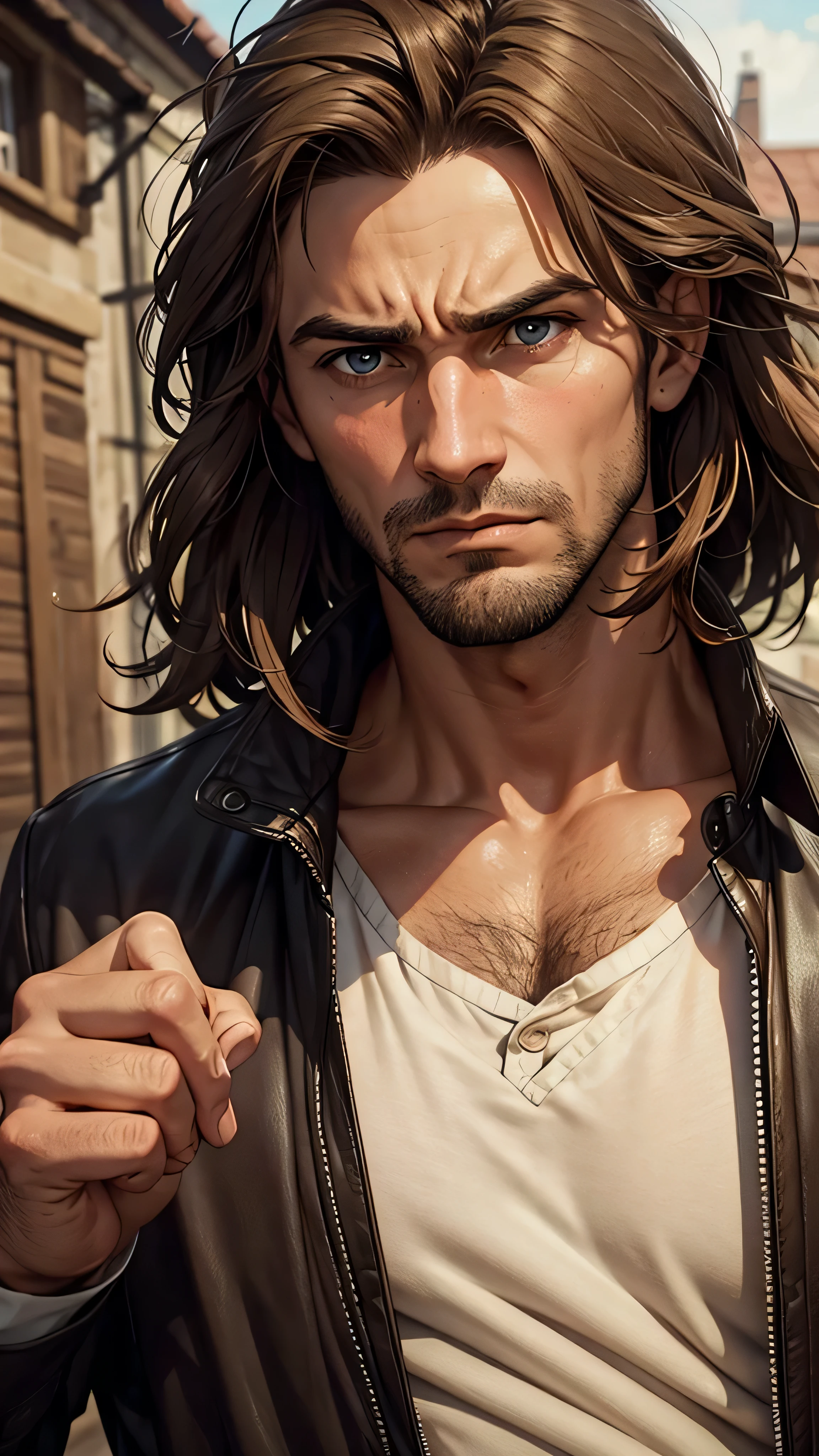 A close up of a face of a poor masculine man with shocked and confused look on his face in the old poor town