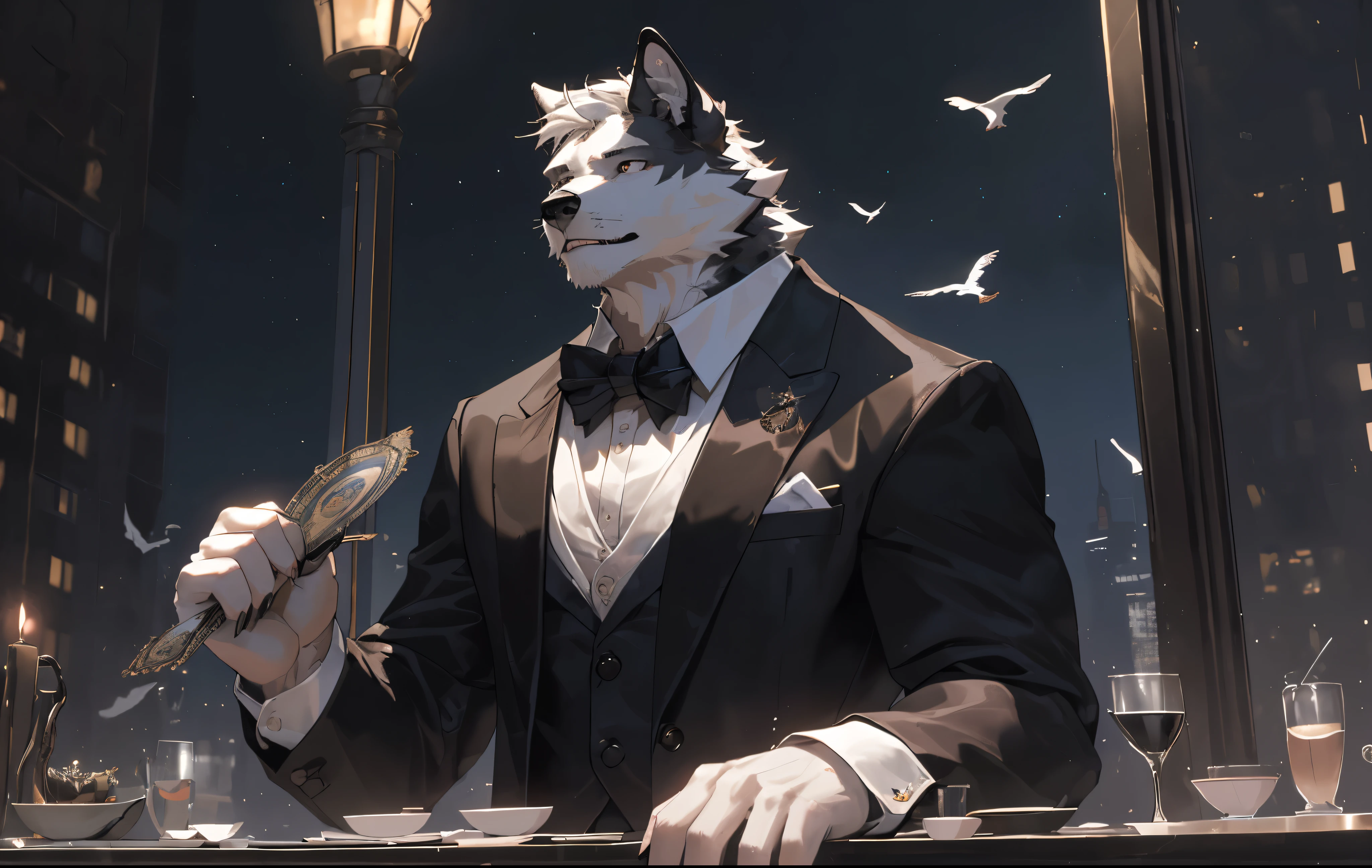 (best quality,4K,8k,high resolution,masterpiece:1.2),Super detailed,(actual,photoactual,photo-actual:1.37),Meticulous magician performs magic with professional knowledge,a white crow,A flock of pigeons,top of skyscraper,that darkness,professional lighting,werewolf,man,black fur,Stylish and modern magician costume,White tuxedo