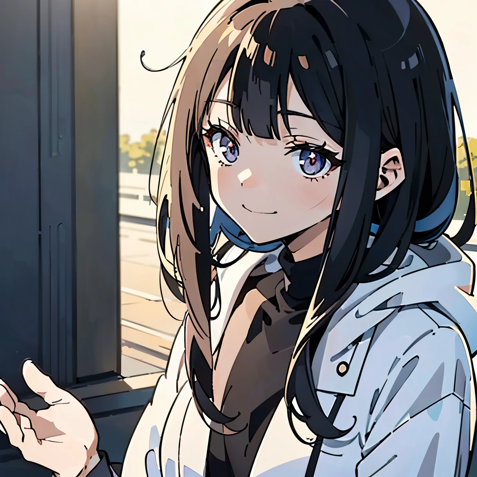 scientist woman,best quality,ultra-detailed, Long black hair, black-eyed girl anime, wearing an archaic smile, tranquil expression, Seems timid,flat anime-style shading, vector-shaded anime, cute natural anime face, subtle anime style, cute anime face,bast-up shot,wearing scientific white coat, Scientific research lab in the background.