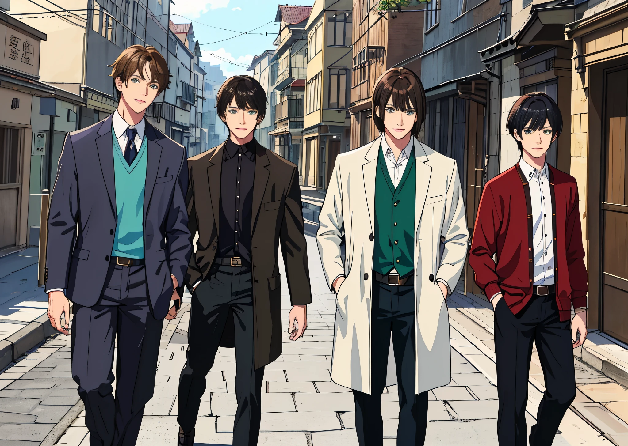 (absurd,high,Super detailed),masterpiece,best quality,3 people,hansome,black hair,brown hair,Casual clothes,background is back alley,best light and shadow,three friends,1个black hair男人((smooth hair)),1个brown hair男人((Cut your hair short)),1 blond man((stylish hair)),high大hansome的男人,Hogwarts atmosphere,3 friends,three friendspose,Charming man,(absurd,high,Super detailed,HDR),masterpiece,best quality,cartoon,cartoon酷((high个子男孩))green eyes,3 boys,Smile,,hansome,short hair,looking at the audience,